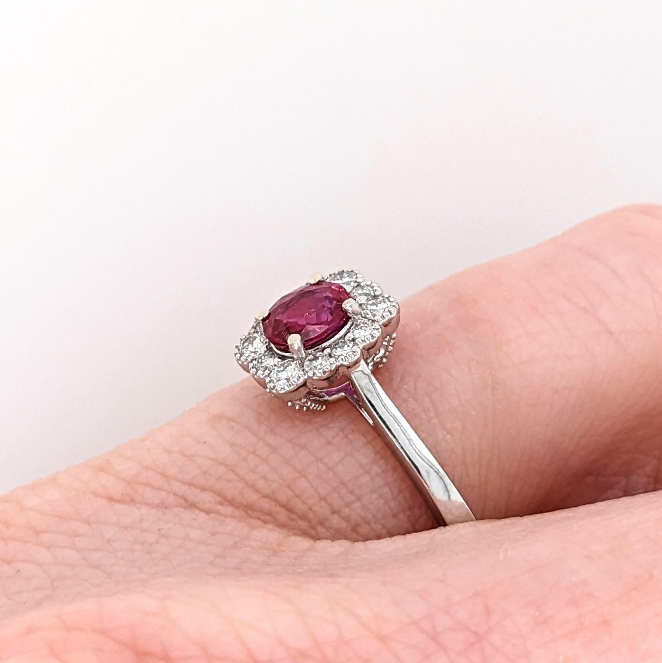 Women's Mozambique Ruby Ring w Earth Mined Diamonds in Solid 14k White Gold Oval 5x4mm For Sale