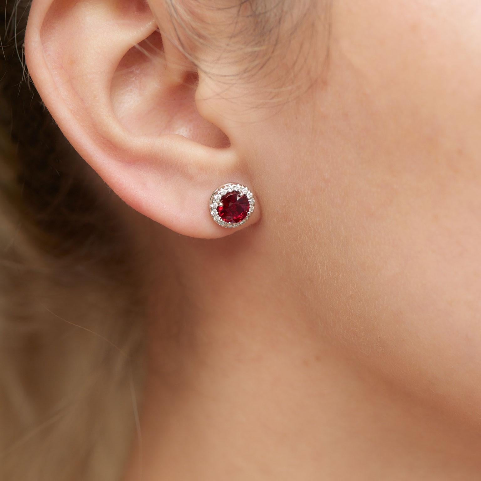 Round Cut Mozambique Ruby with Diamond Halos Stud Earrings