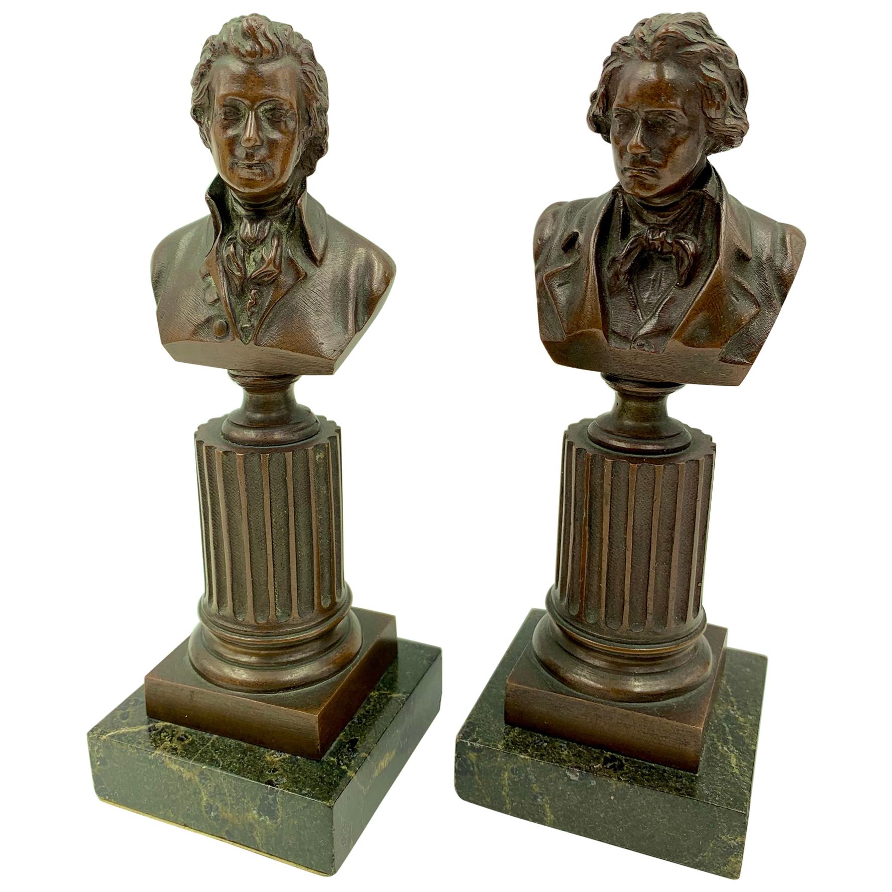 Pair of Antique Bronze Musical Motif Grand Tour Busts, Mozart and Beethoven