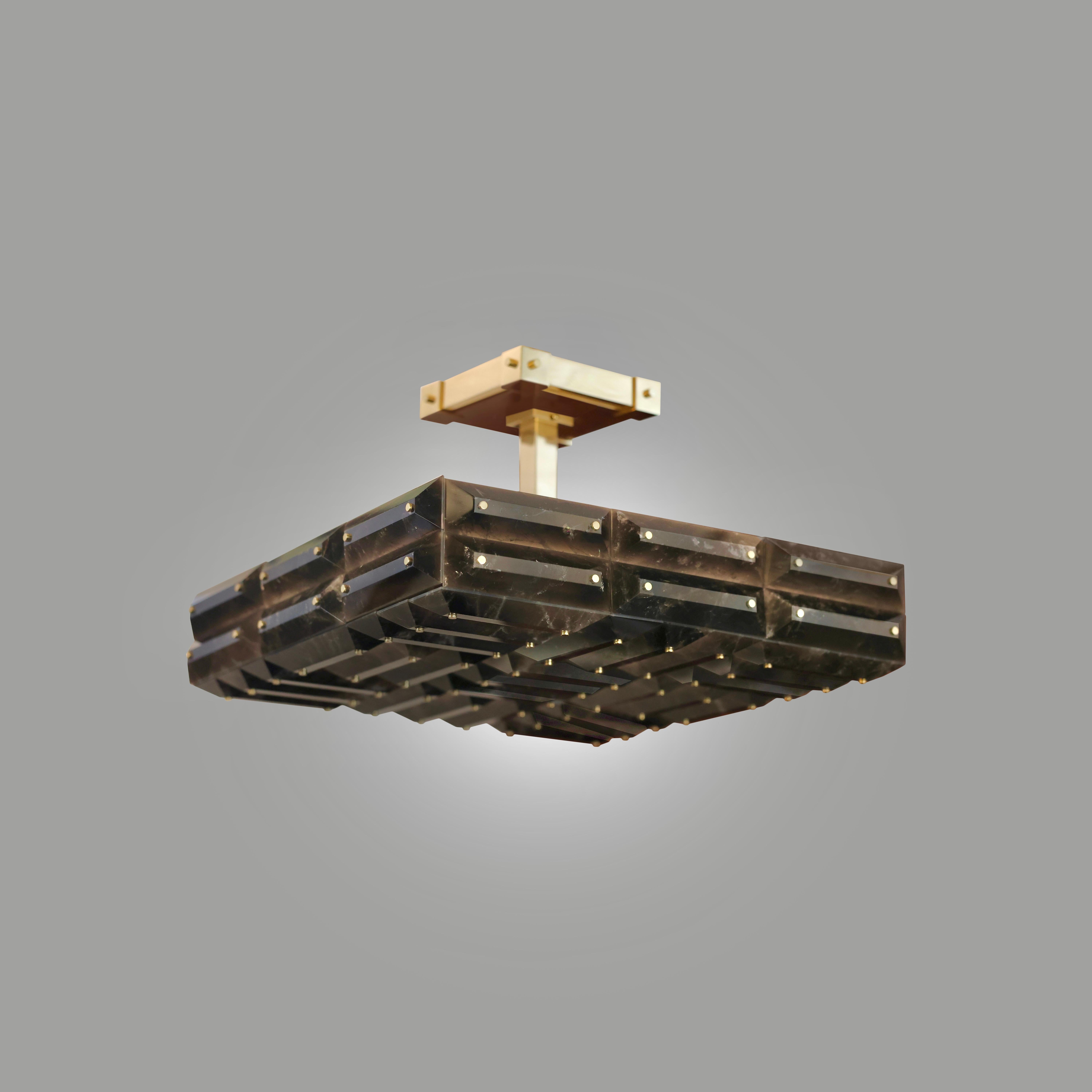 Smoky rock crystal semi flush with polish brass decoration.
8 E26 Sockets installed, 320W maximum. Created by Phoenix gallery.
Custom size upon request 