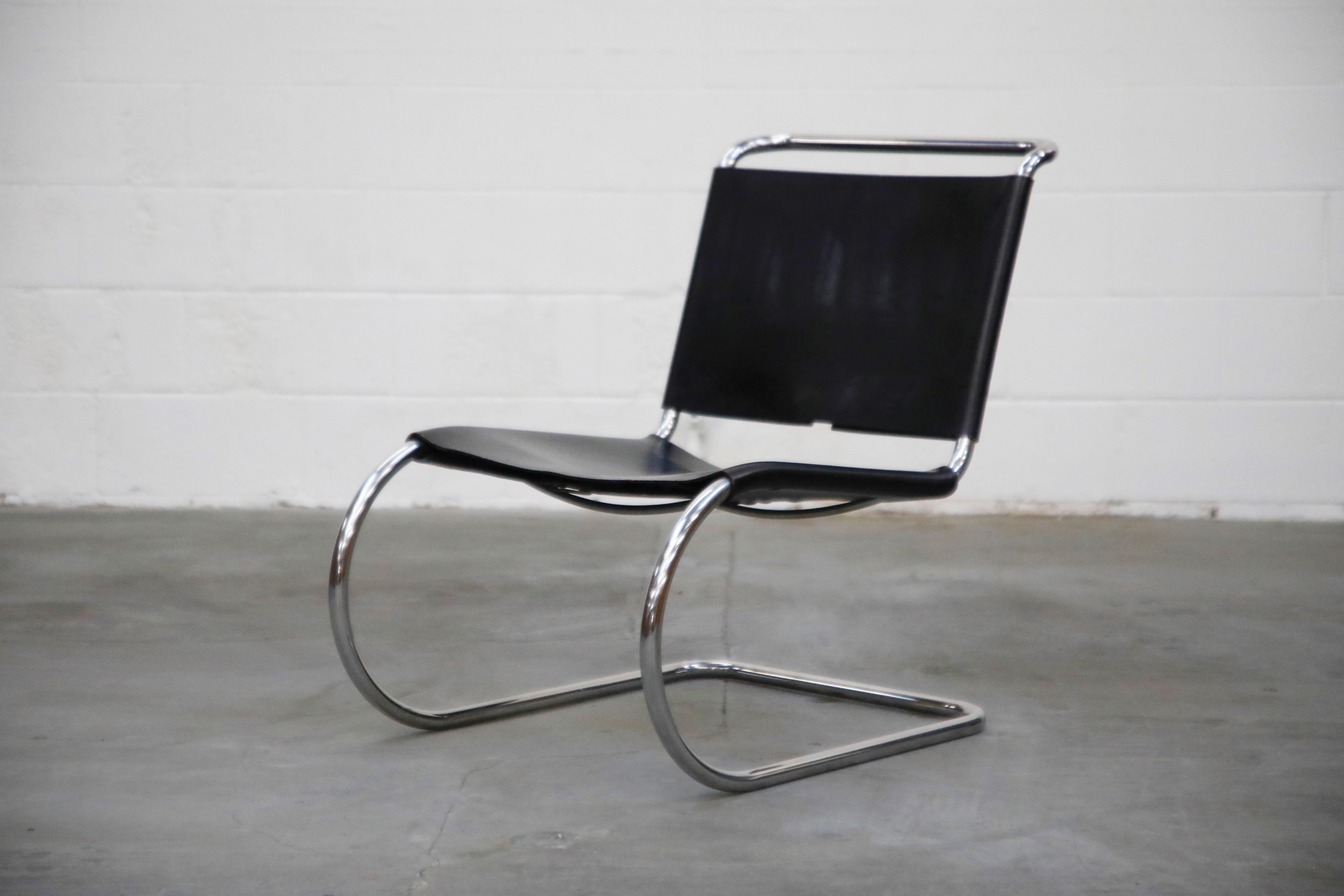 A rare no longer produced design, this incredible pair of early production double-signed cantilevered MR 30/5 lounge chairs by Ludwig Mies van der Rohe for Knoll International, both chairs possess their original Knoll International labels to the