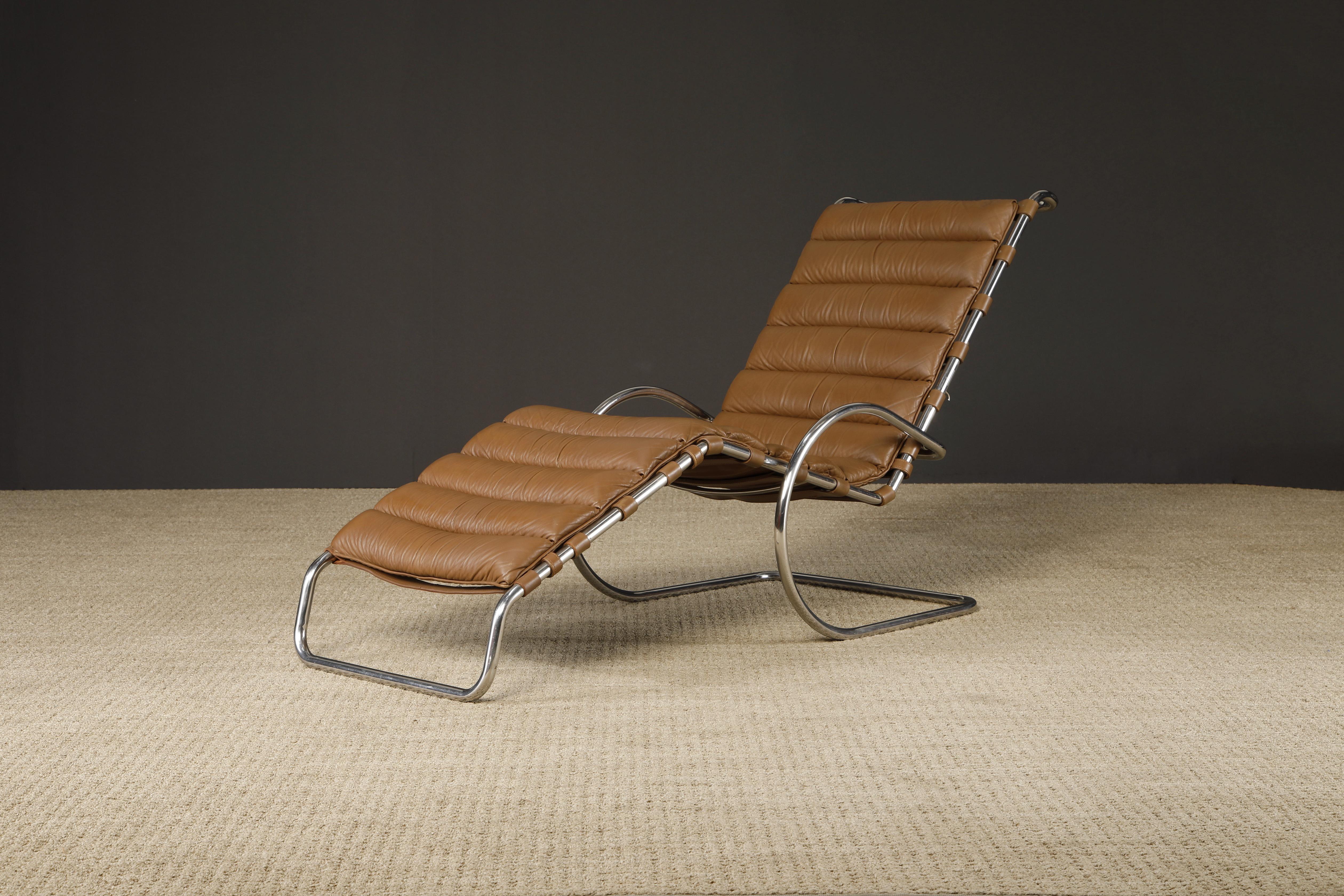 A fantastic collectors example of an early production signed 'MR Adjustable Chaise Lounge' by Ludwig Mies van der Rohe for Knoll International, 1970s production, possessing its original Knoll International tag to the leather seat cushion. An amazing