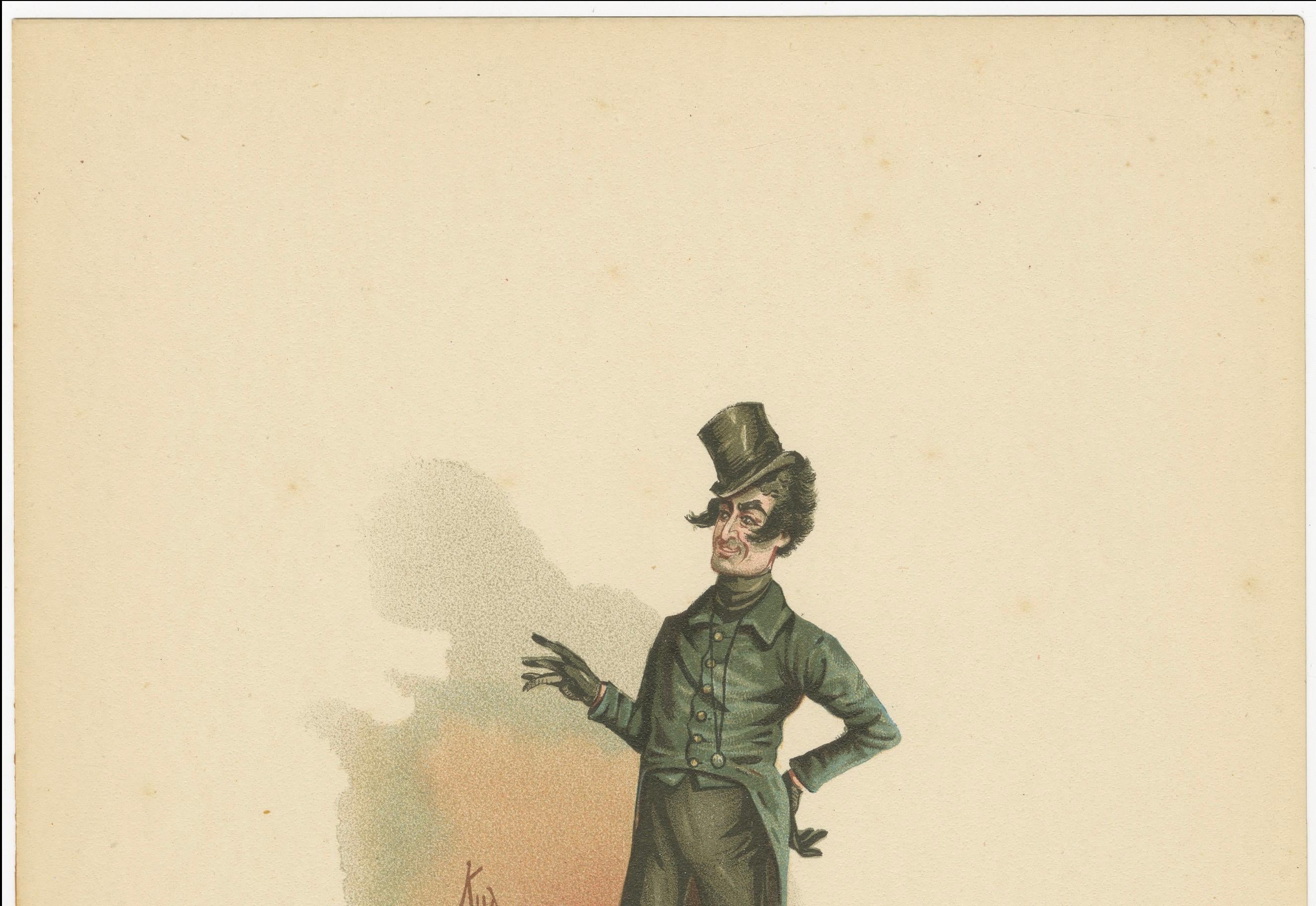 Mr. Alfred Jingle aus den Pickwick Papers - Original Dickens Charakter Lithographie von Kyd, um 1889

Beschreibung:
Diese ausdrucksstarke und stark stilisierte Lithografie porträtiert Mr. Alfred Jingle, den extravaganten, geschwätzigen Schauspieler