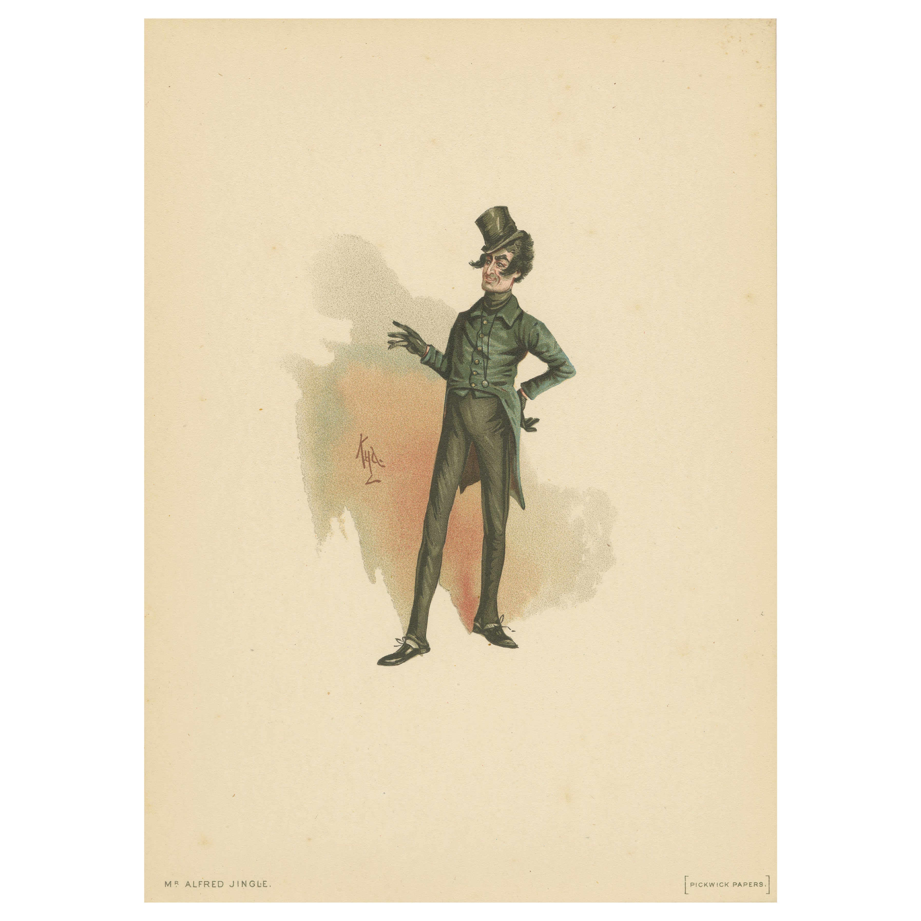 Mr Alfred Jingle da Pickwick Papers - Litografia originale di Dickens, 1889 ca.