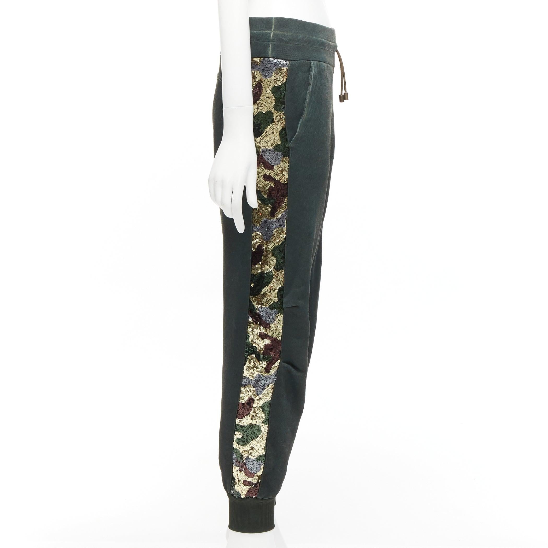 Women's MR AND MRS Audrey Tritto green camouflage sequins washed cotton jogger pants XS For Sale
