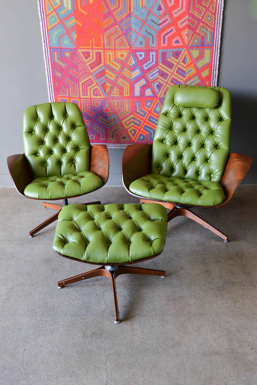 Mr. and Mrs. Chairs with ottoman by George Mulhauser for Plycraft, ca. 1960. Professionally restored walnut veneer with beautiful avocado green upholstery with new foam. Restored from the frame up and in showroom condition. This rare and hard to