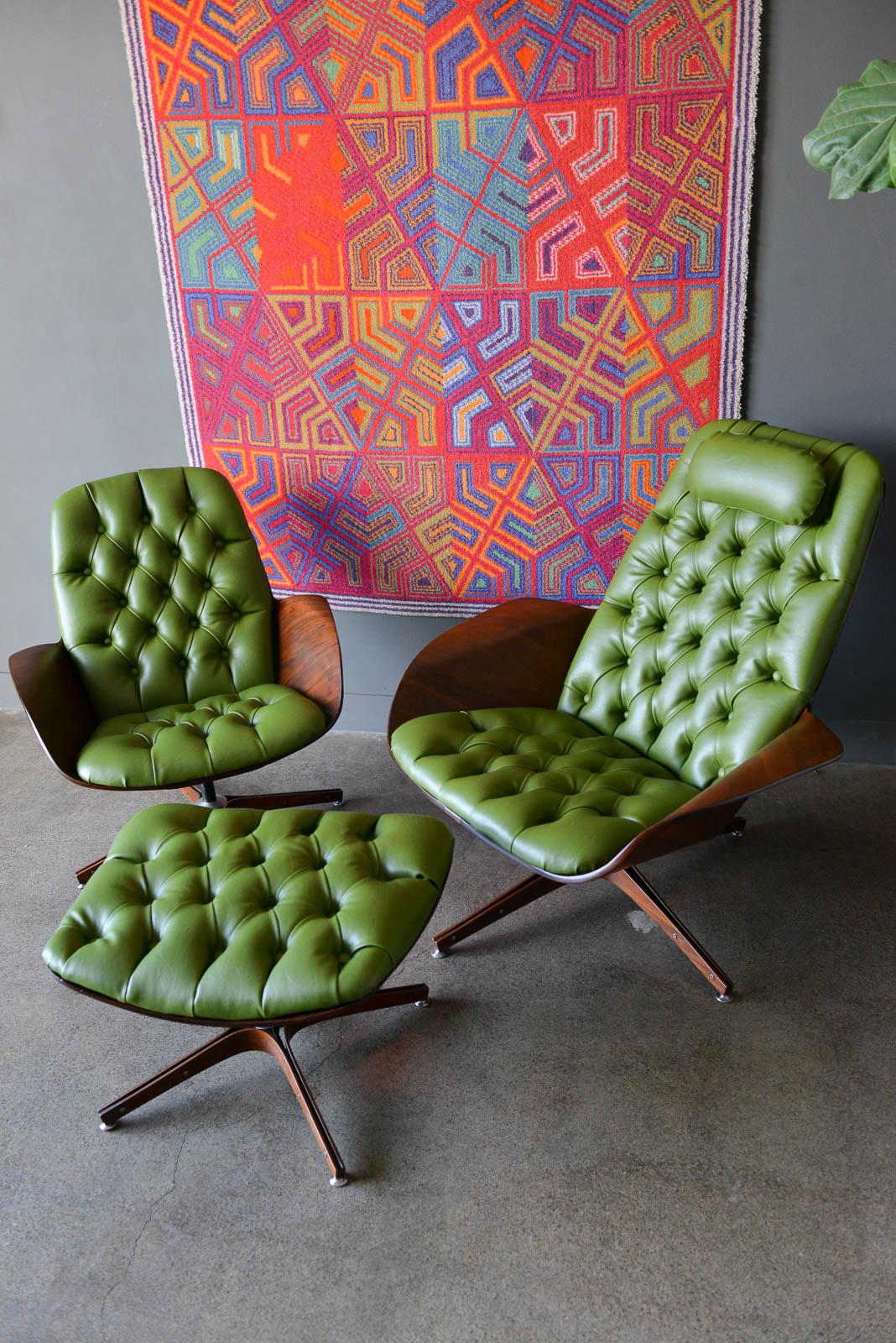 Mid-Century Modern Mr. and Mrs. Chairs with Ottoman by George Mulhauser for Plycraft, ca. 1960
