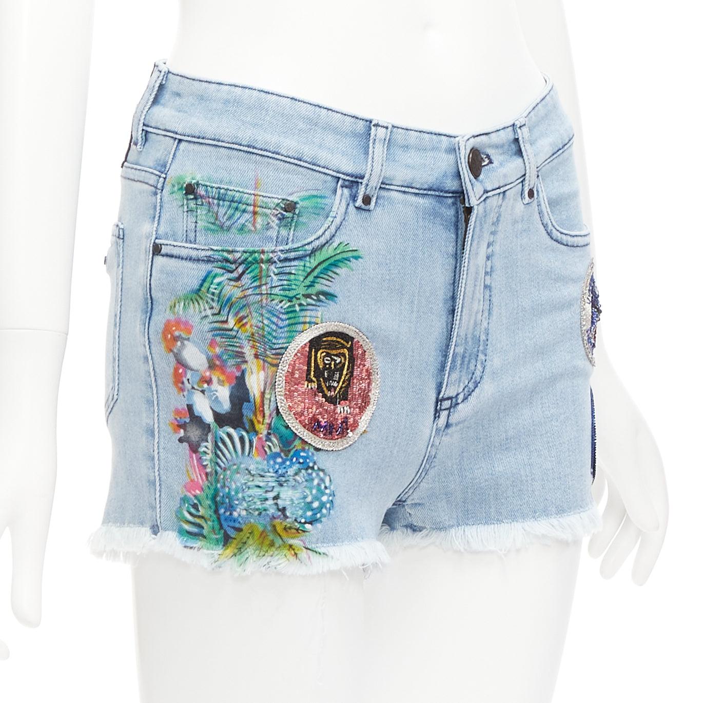 Blue MR AND MRS ITALY blue glitter badge patch colorful paint denim shorts IT38 XS For Sale