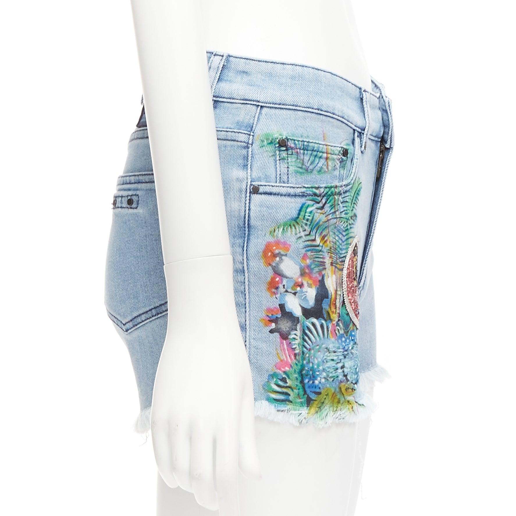 MR AND MRS ITALY blue glitter badge patch colorful paint denim shorts IT38 XS In Excellent Condition For Sale In Hong Kong, NT