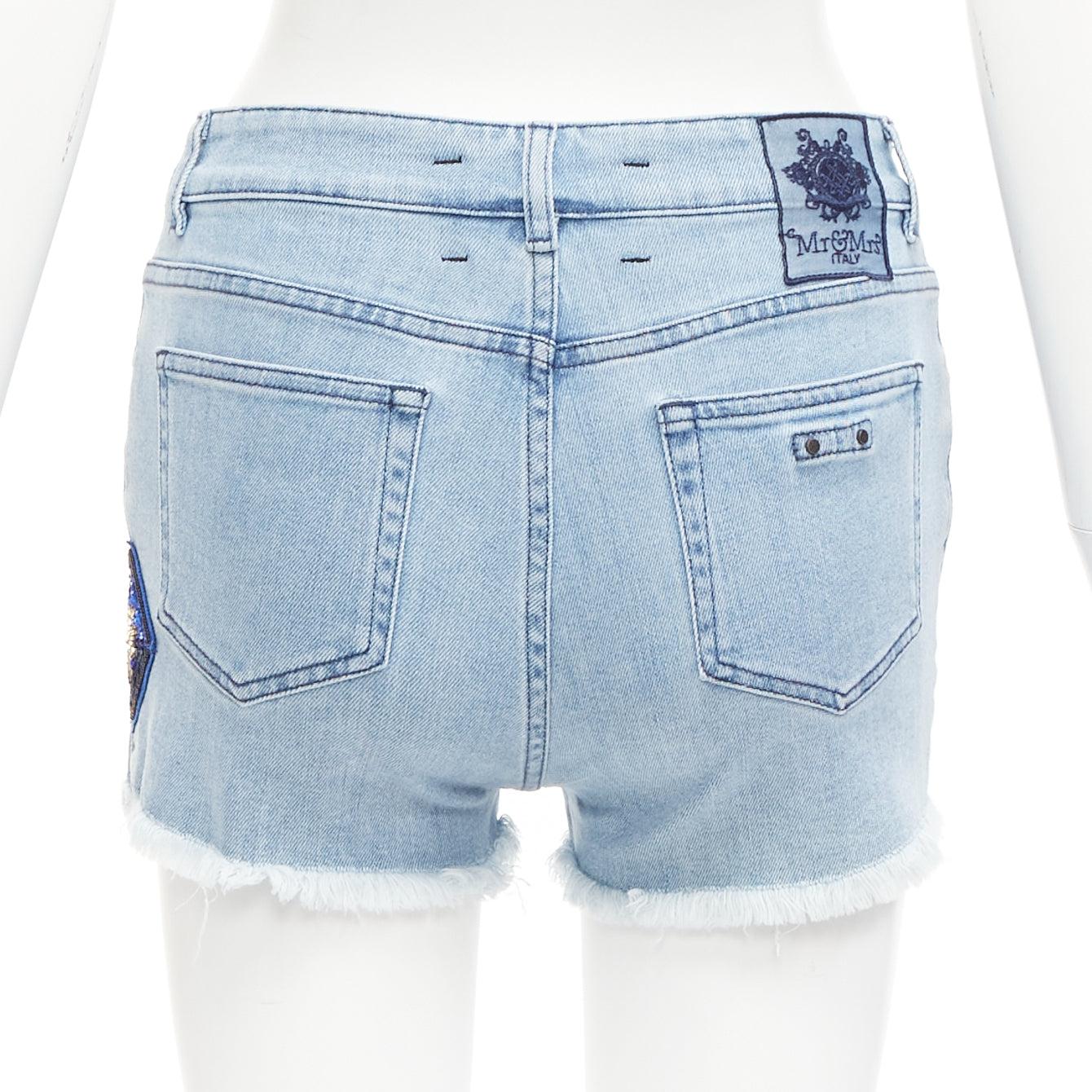 Women's MR AND MRS ITALY blue glitter badge patch colorful paint denim shorts IT38 XS For Sale