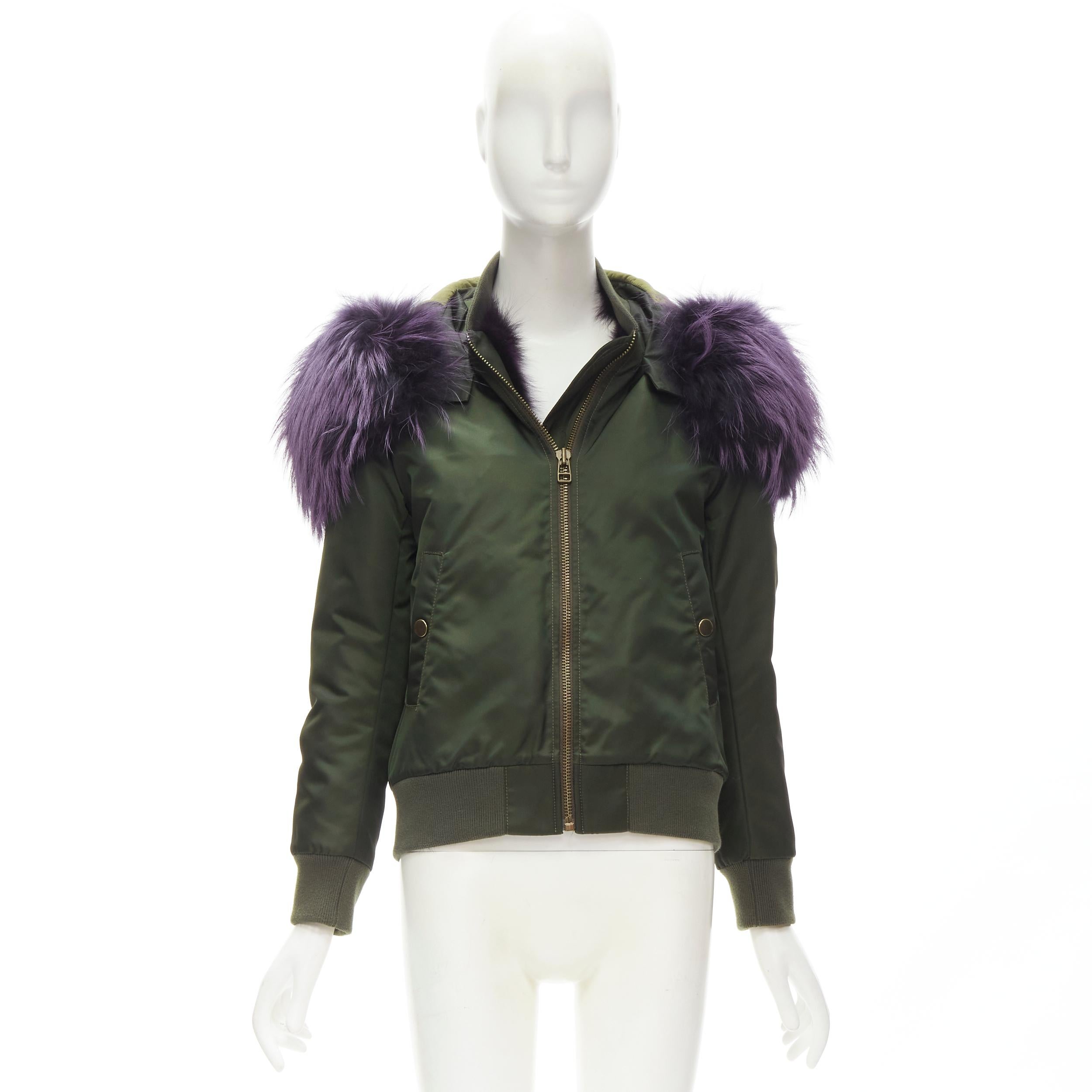 MR AND MRS ITALY green nylon purple fox fur fully lined MA-1 bomber jacket XS For Sale 8