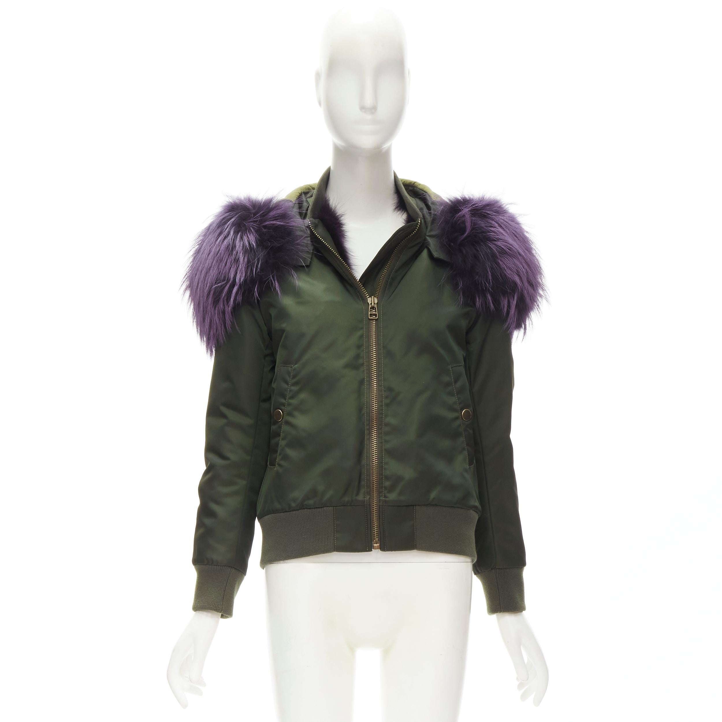MR AND MRS ITALY green nylon purple fox fur fully lined MA-1 bomber jacket XS 8
