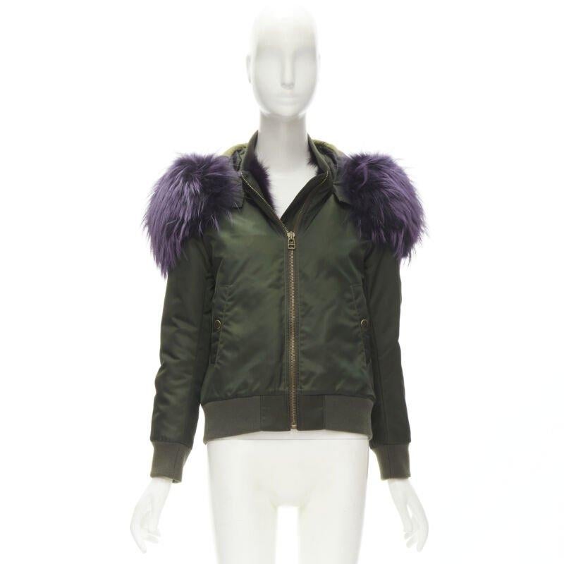 MR AND MRS ITALY green nylon purple fox fur fully lined MA-1 bomber jacket XS For Sale 7