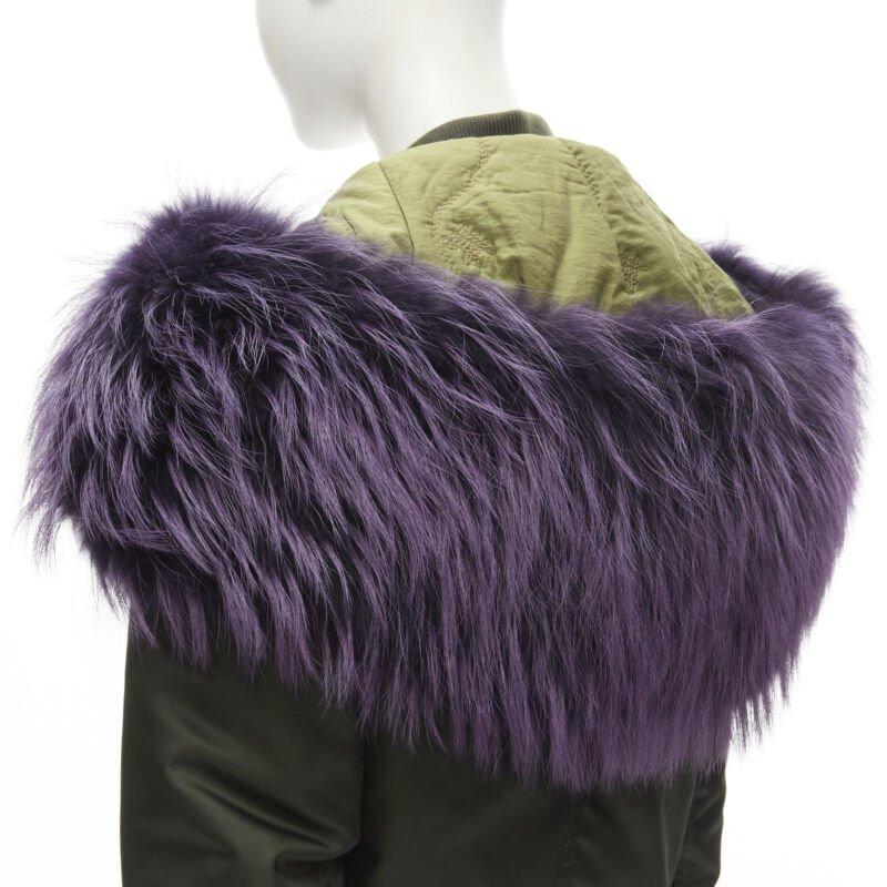 MR AND MRS ITALY green nylon purple fox fur fully lined MA-1 bomber jacket XS
Reference: ANWU/A00752
Brand: Mr and Mrs Italy
Material: Nylon
Color: Green, Purple
Pattern: Solid
Closure: Zip
Lining:  Fur
Extra Details: Purple dyed genuine fox lining
