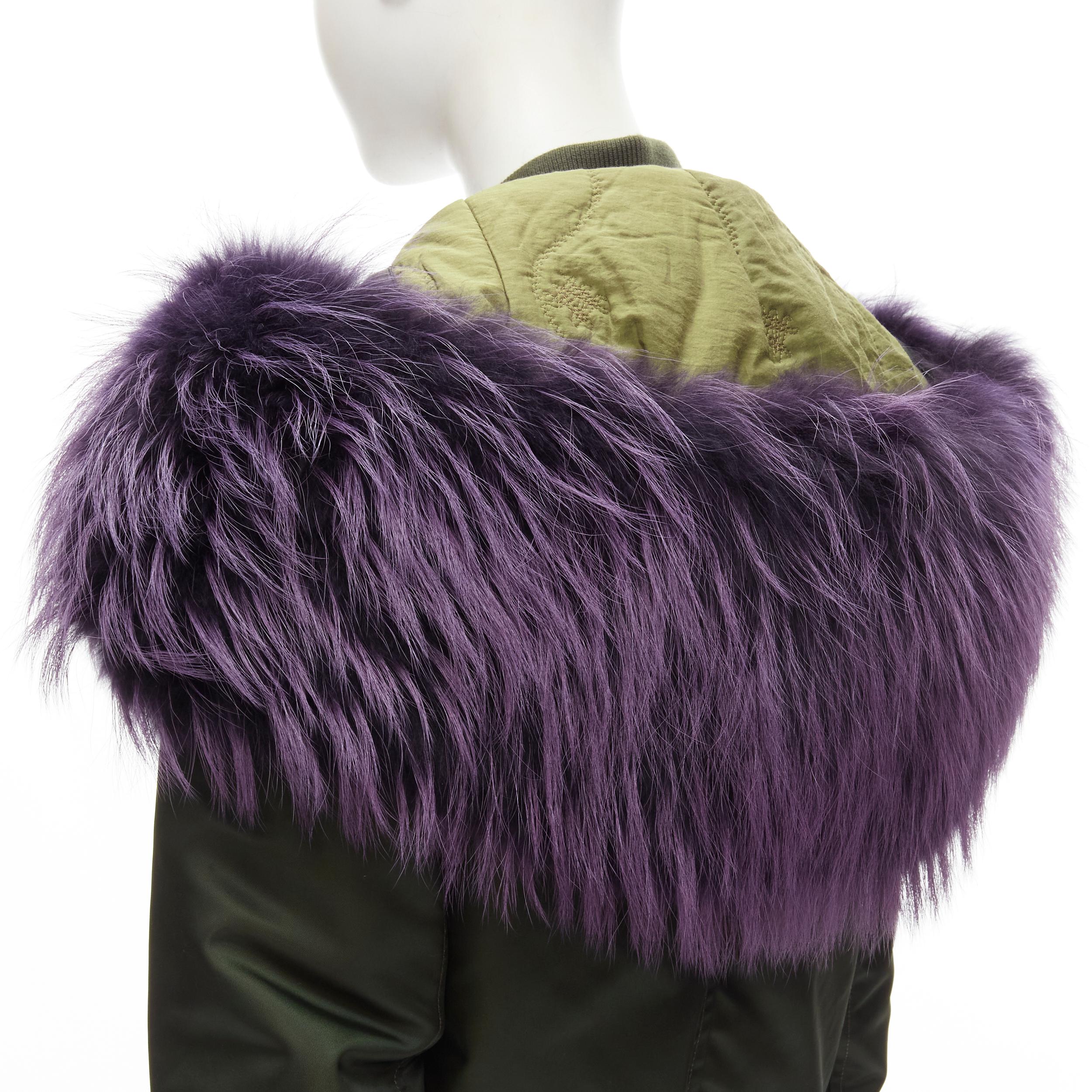 MR AND MRS ITALY green nylon purple fox fur fully lined MA-1 bomber jacket XS
Brand: Mr and Mrs Italy
Material: Nylon
Color: Green
Pattern: Solid
Closure: Zip
Extra Detail: Purple dyed genuine fox lining and fur trimmed hood. Fur trim may be