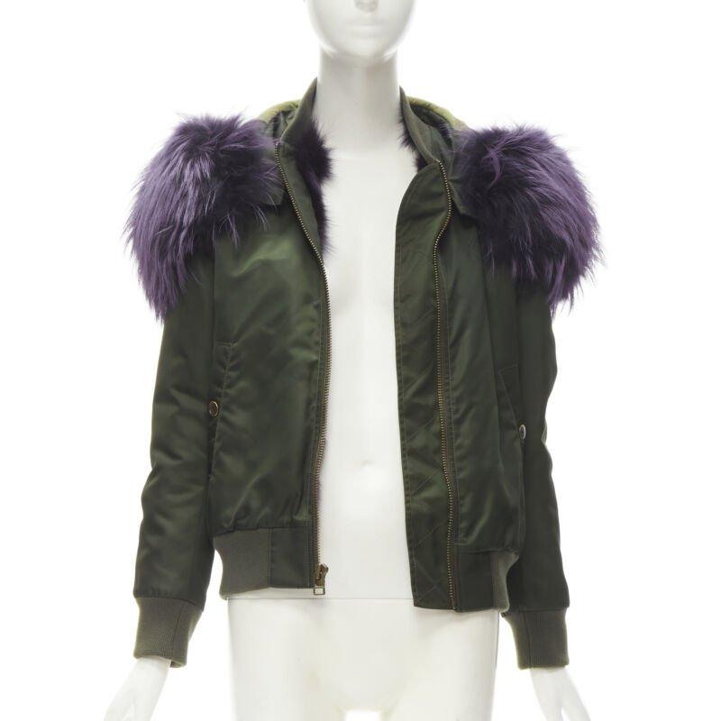 Black MR AND MRS ITALY green nylon purple fox fur fully lined MA-1 bomber jacket XS For Sale