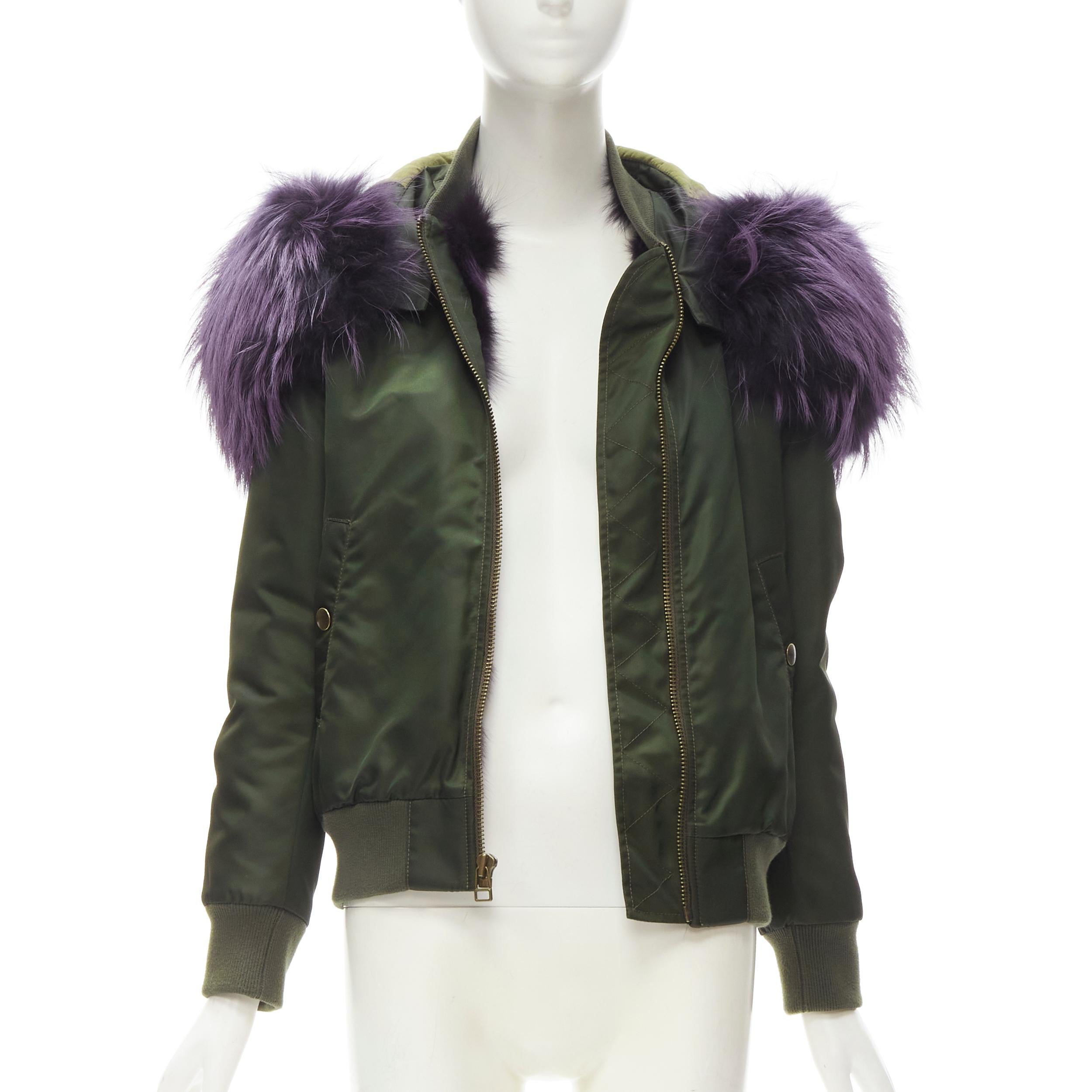 MR AND MRS ITALY green nylon purple fox fur fully lined MA-1 bomber jacket XS In Excellent Condition For Sale In Hong Kong, NT