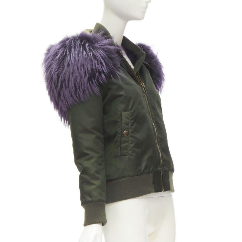 MR AND MRS ITALY green nylon purple fox fur fully lined MA-1 bomber jacket XS In Excellent Condition For Sale In Hong Kong, NT
