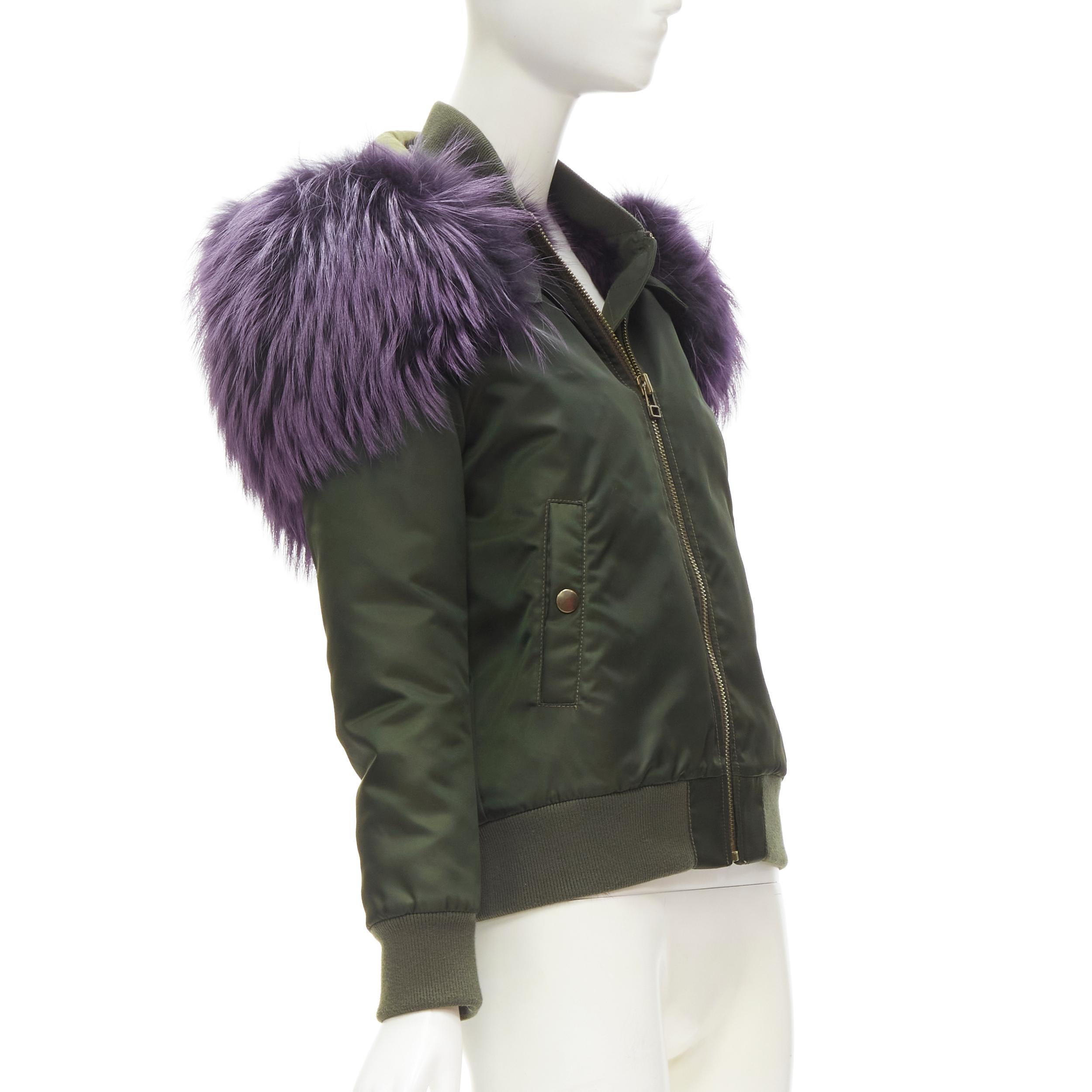 Women's MR AND MRS ITALY green nylon purple fox fur fully lined MA-1 bomber jacket XS