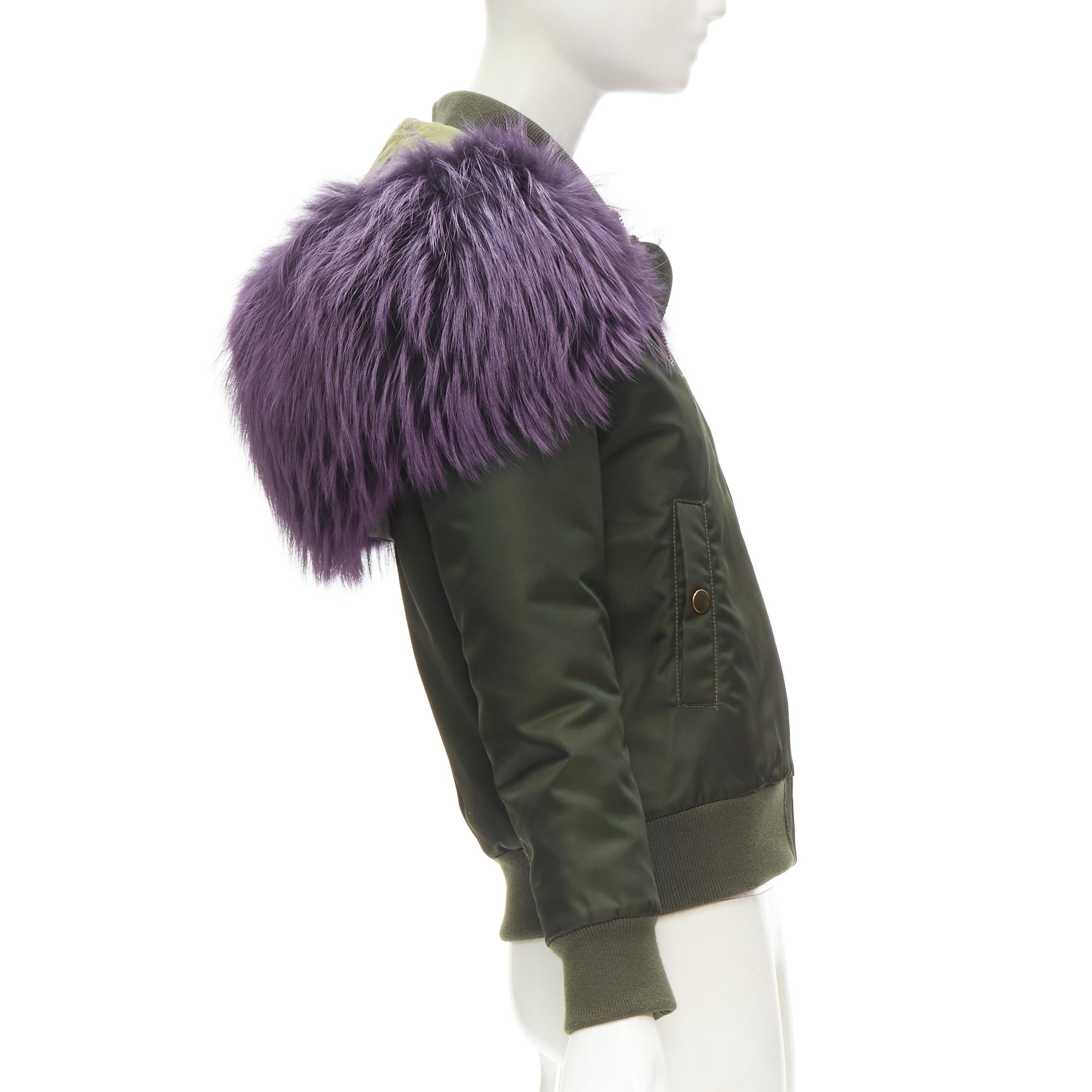 MR AND MRS ITALY green nylon purple fox fur fully lined MA-1 bomber jacket XS For Sale 1