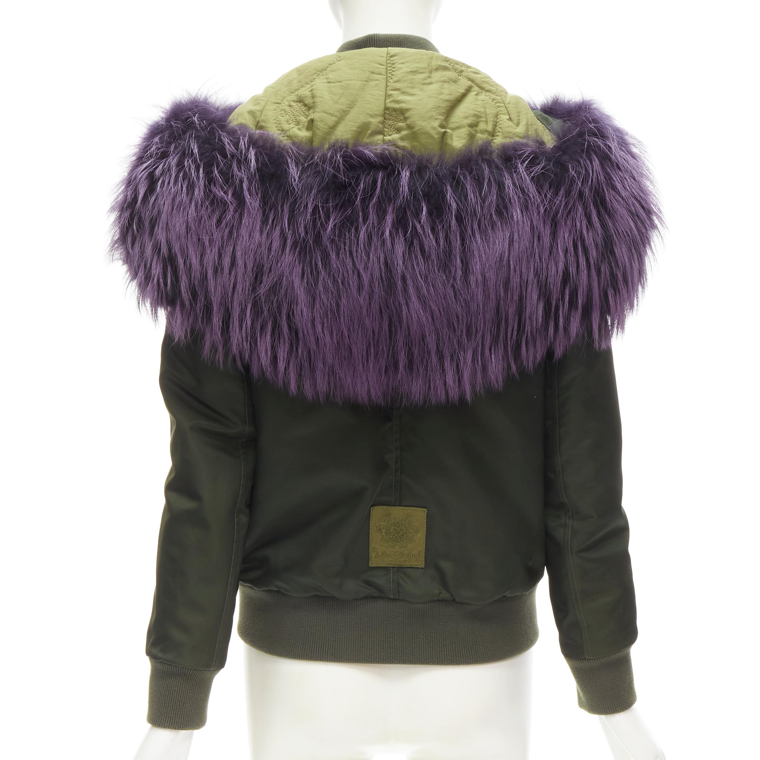 MR AND MRS ITALY green nylon purple fox fur fully lined MA-1 bomber jacket XS 2