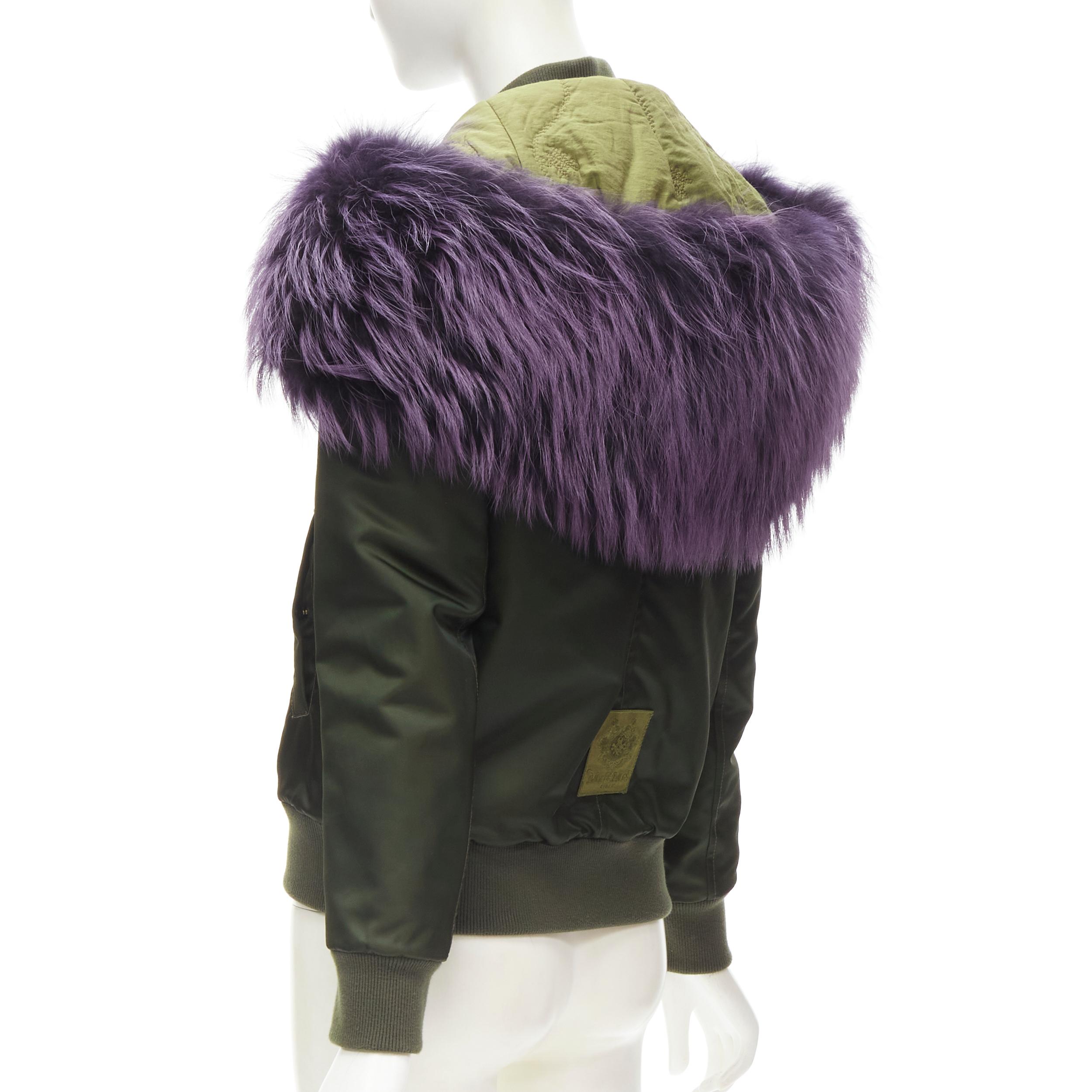 MR AND MRS ITALY green nylon purple fox fur fully lined MA-1 bomber jacket XS For Sale 3