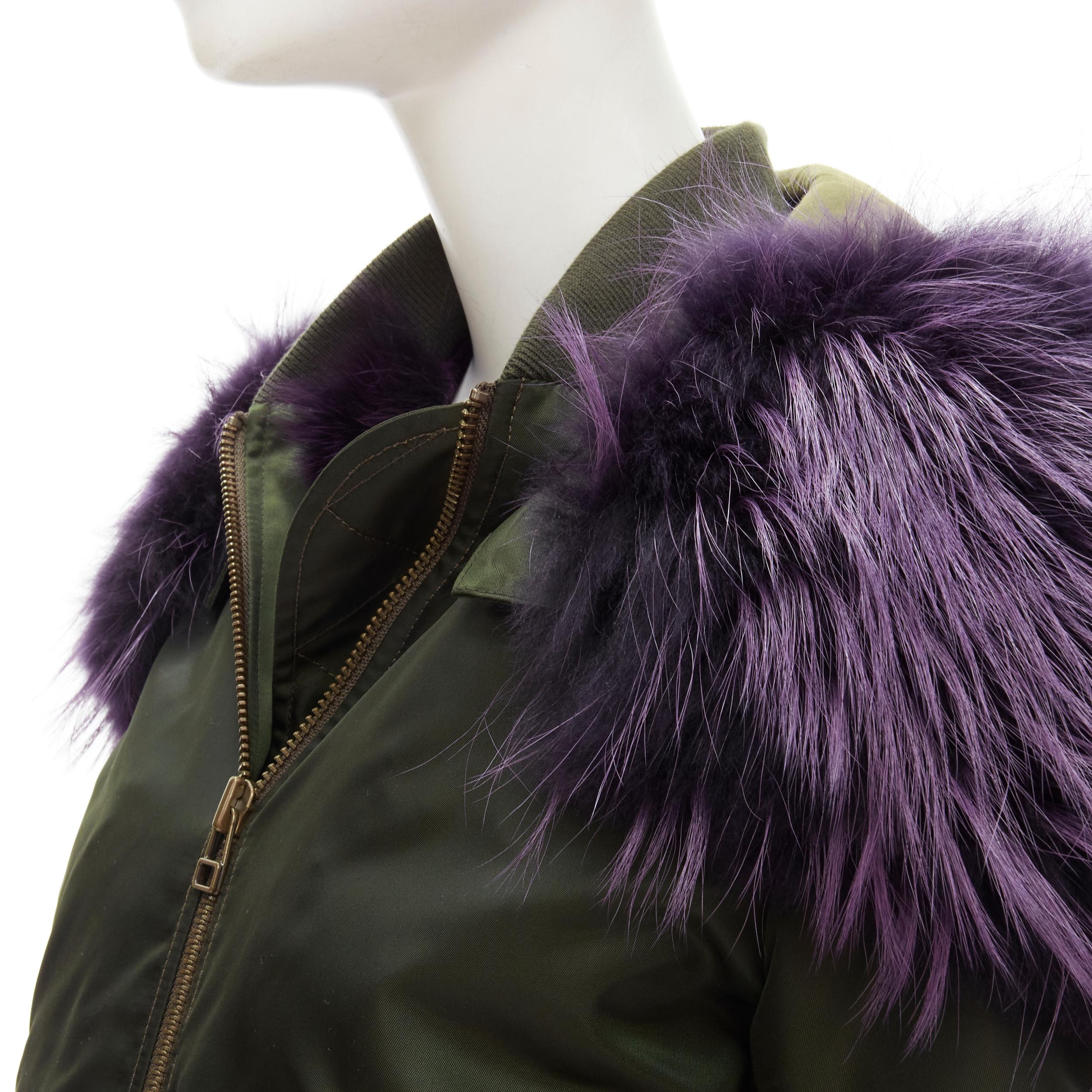 MR AND MRS ITALY green nylon purple fox fur fully lined MA-1 bomber jacket XS For Sale 4
