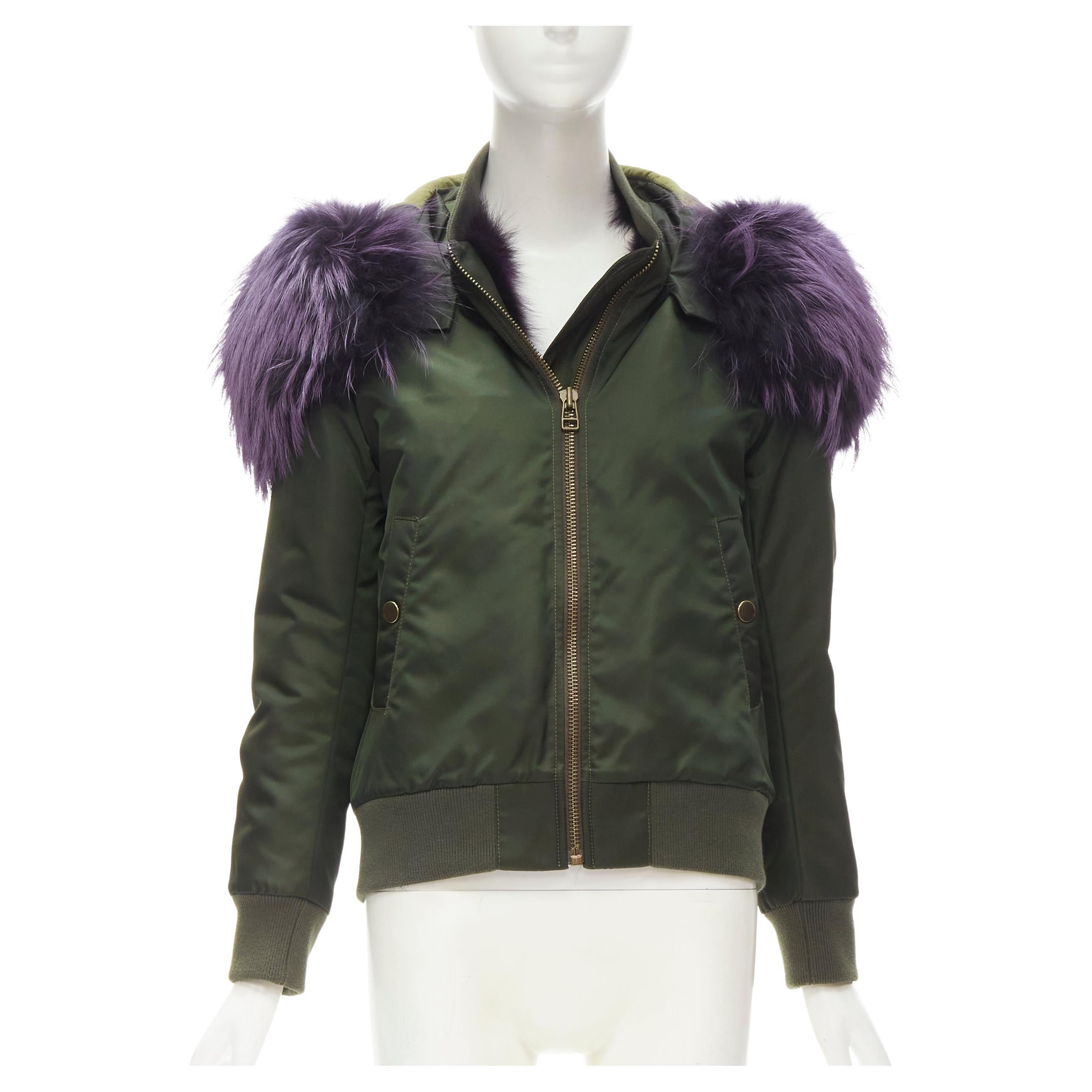 MR AND MRS ITALY green nylon purple fox fur fully lined MA-1 bomber jacket XS For Sale