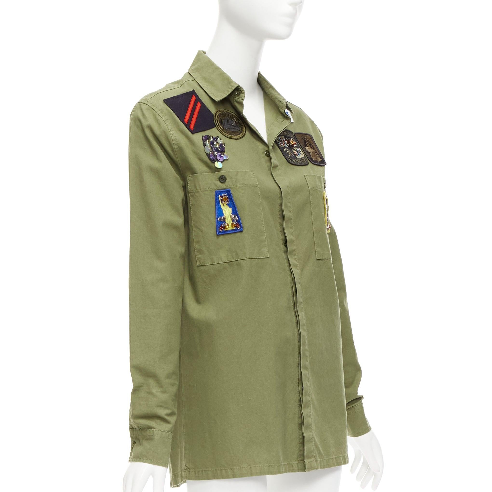 MR AND MRS ITALY khaki green beaded badges military safari shirt IT38 XS In Good Condition For Sale In Hong Kong, NT