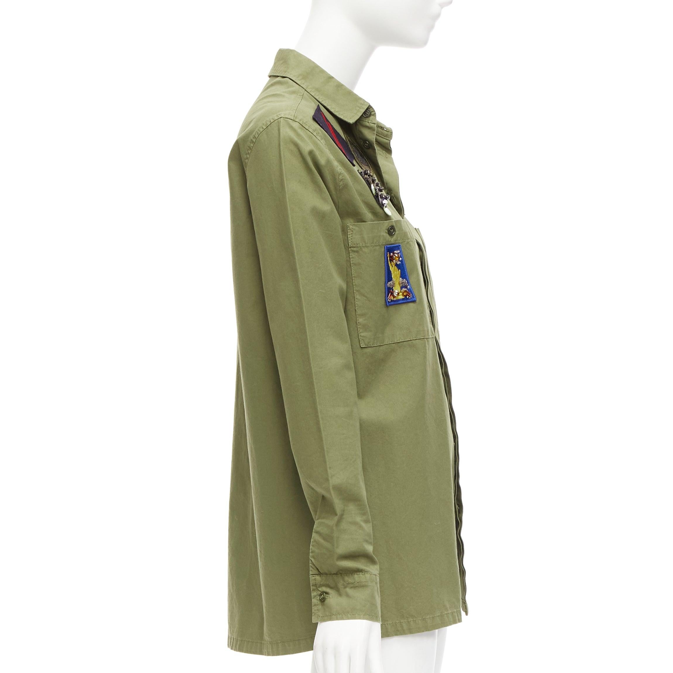 Women's MR AND MRS ITALY khaki green beaded badges military safari shirt IT38 XS For Sale
