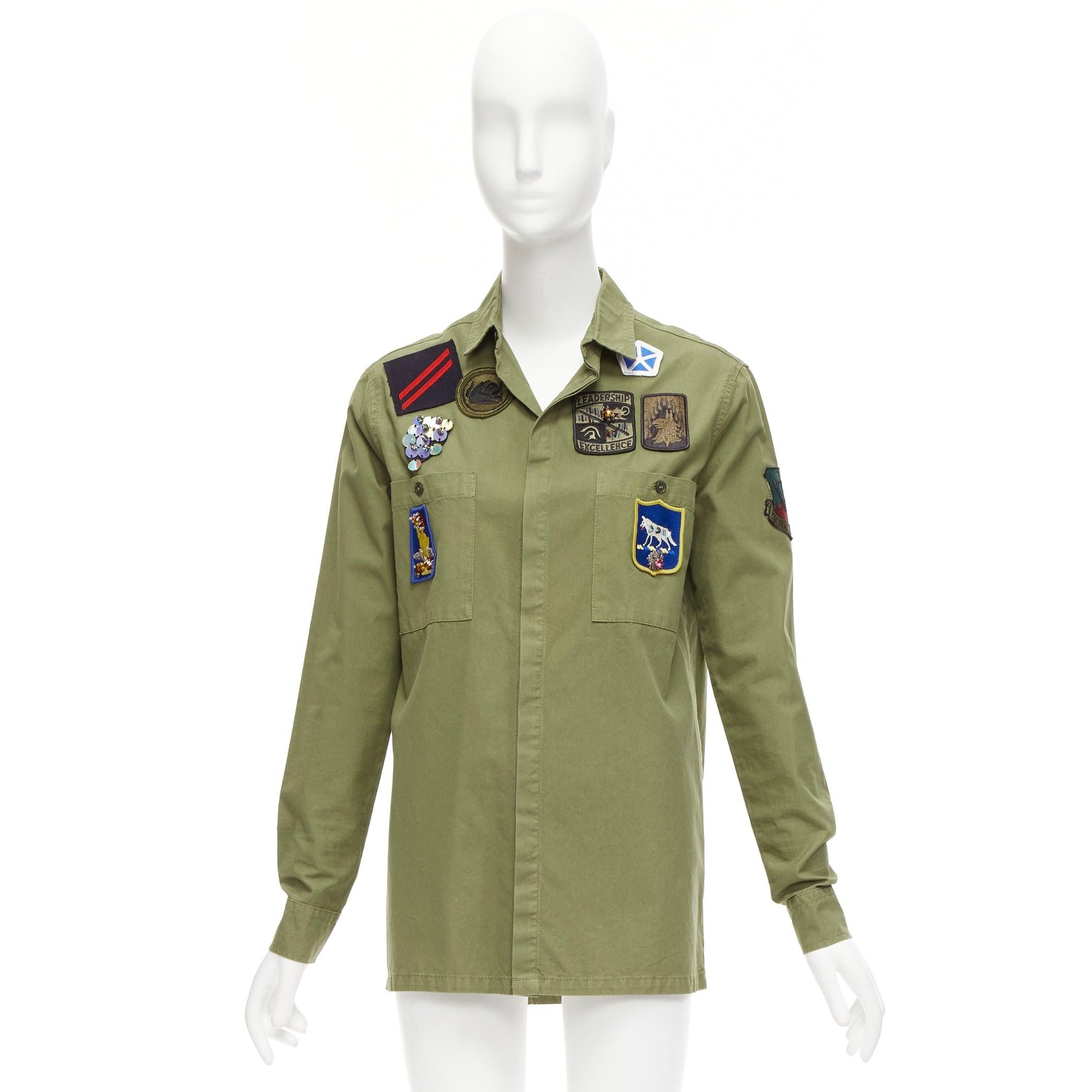 MR AND MRS ITALY khaki green beaded badges military safari shirt IT38 XS For Sale 5