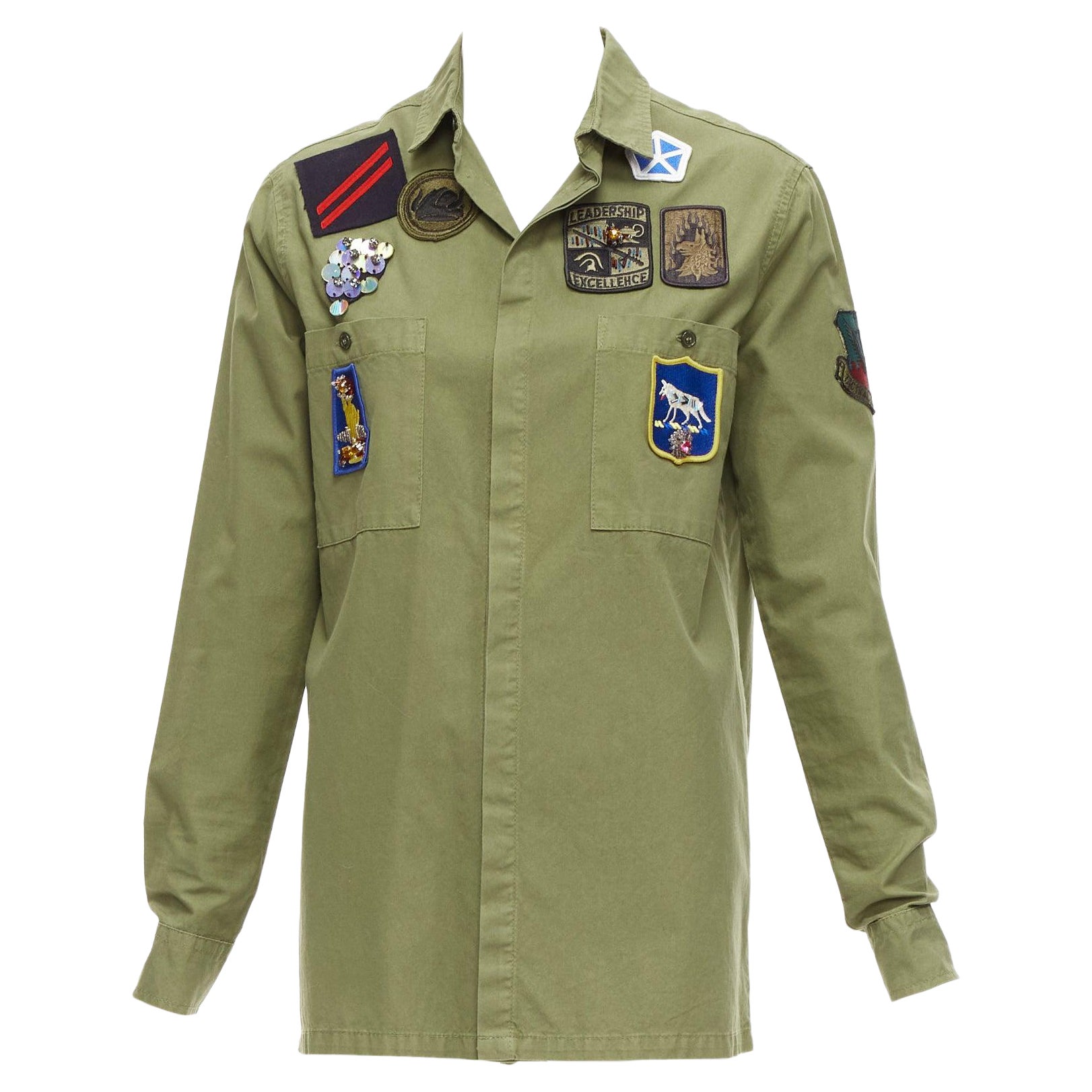 MR AND MRS ITALY khakigrünes Militär Safari-Hemd mit Perlenbesatz IT38 XS im Angebot