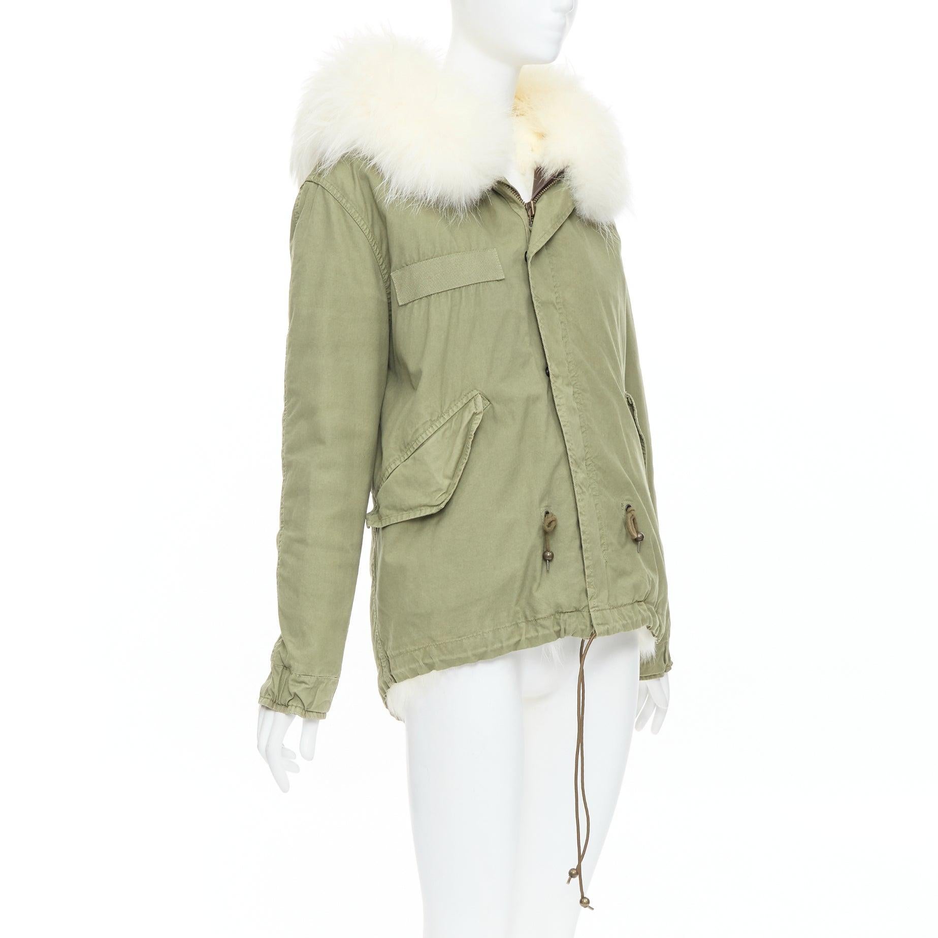 Beige MR AND MRS ITALY  white fur lined hooded military green parka coat XXS For Sale