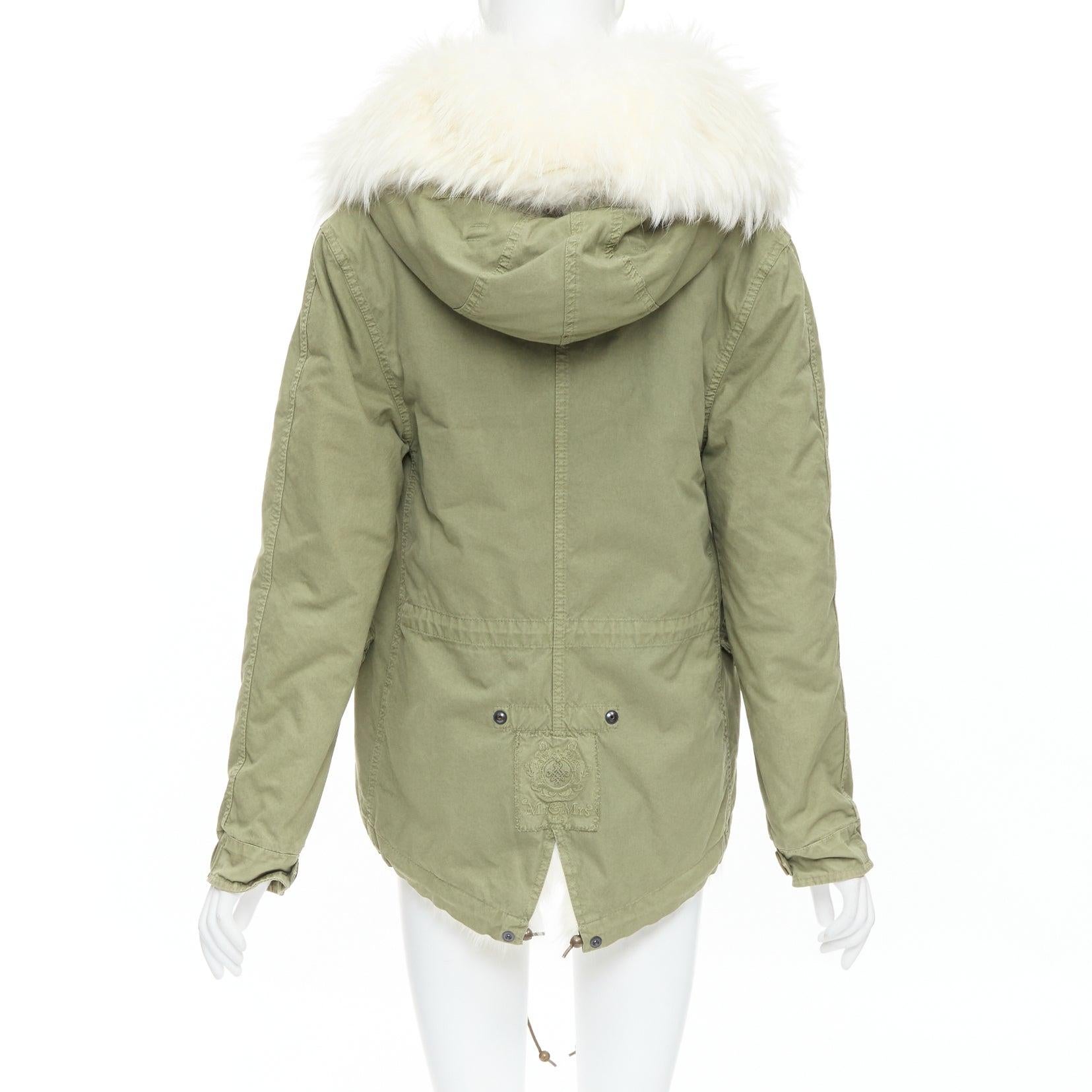Women's MR AND MRS ITALY  white fur lined hooded military green parka coat XXS For Sale