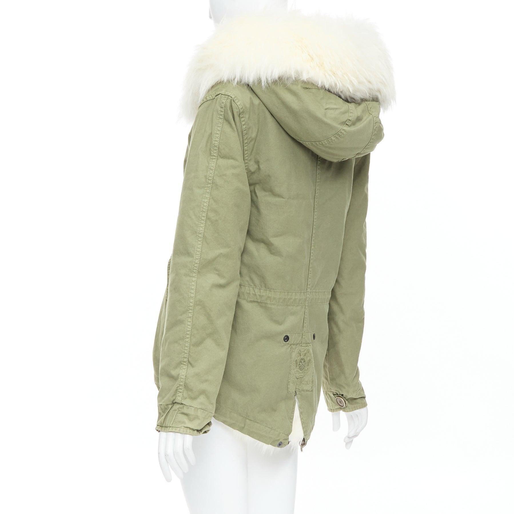 MR AND MRS ITALY  white fur lined hooded military green parka coat XXS For Sale 1