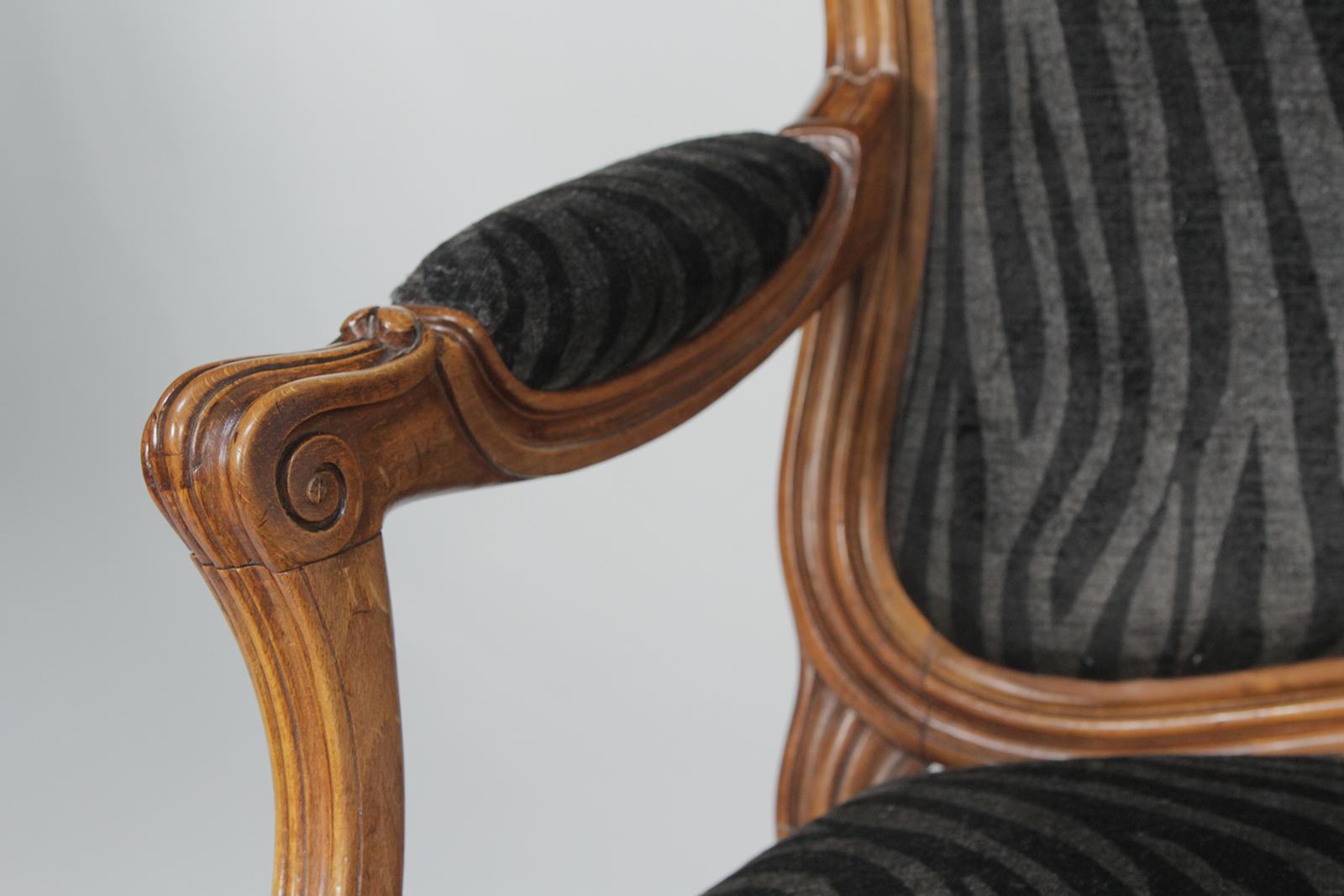 Mr. and Ms. Pair of Antique French Walnut Bergeres in Velvet Animal Print 10