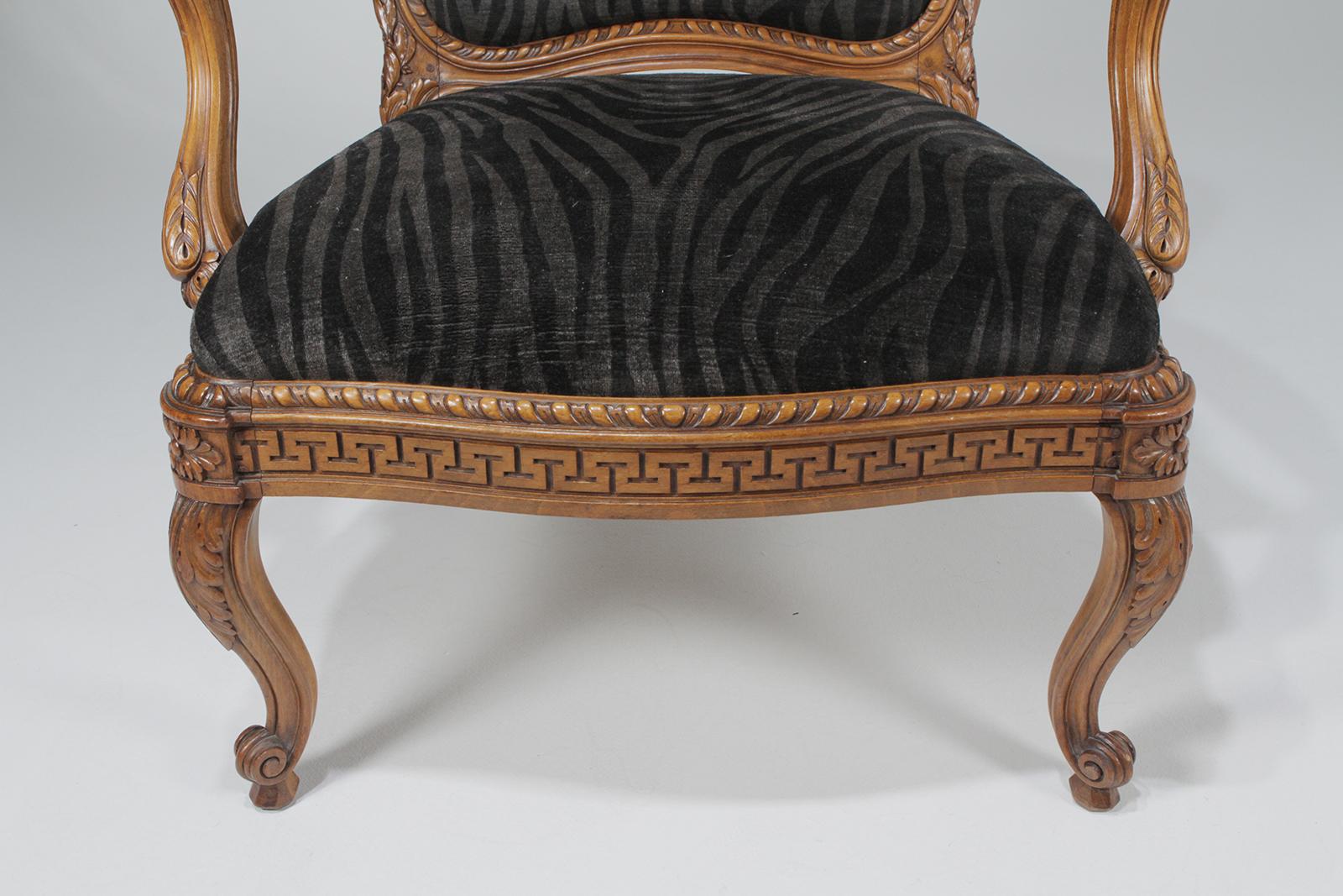 Mr. and Ms. Pair of Antique French Walnut Bergeres in Velvet Animal Print 12