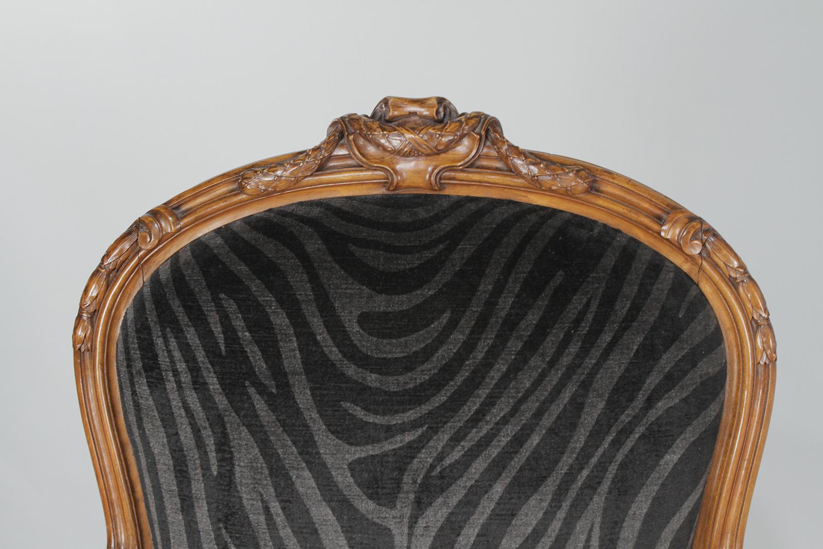 Mr. and Ms. Pair of Antique French Walnut Bergeres in Velvet Animal Print In Excellent Condition In Hopewell, NJ
