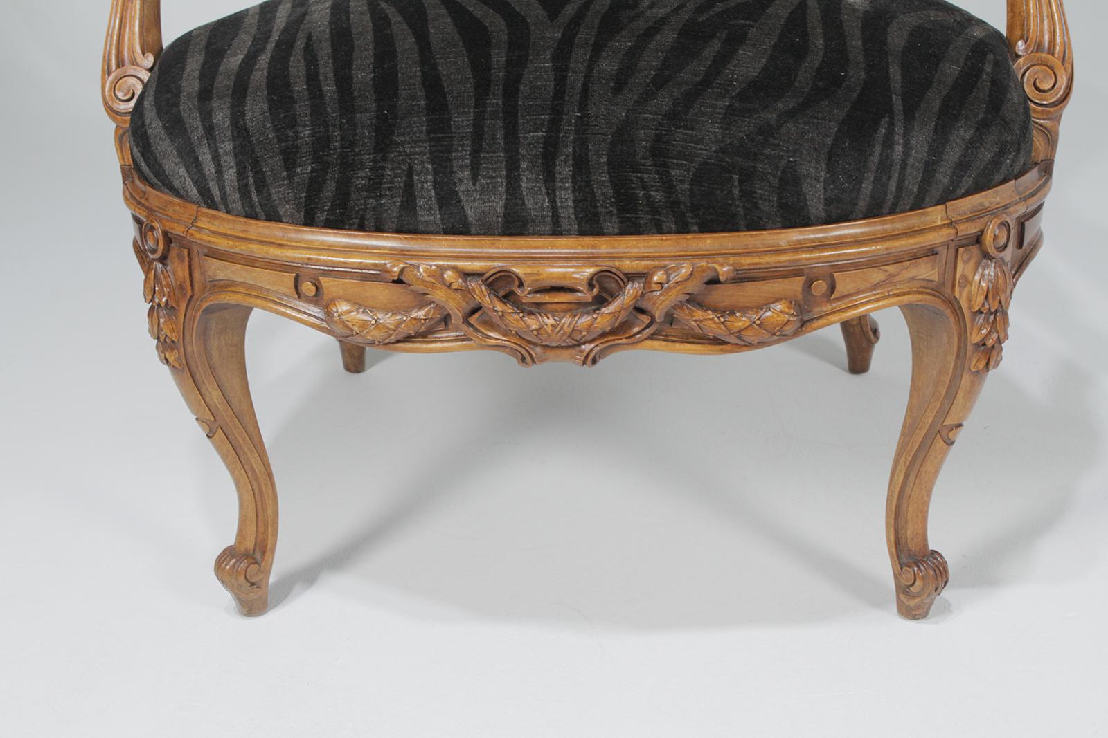 Mr. and Ms. Pair of Antique French Walnut Bergeres in Velvet Animal Print 1