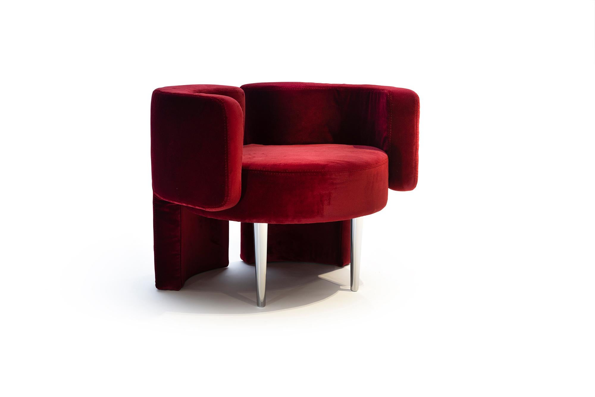 Modern MR Armchair, 21st Century Contemporary Red Velvet and Solid Aluminum Armchair For Sale