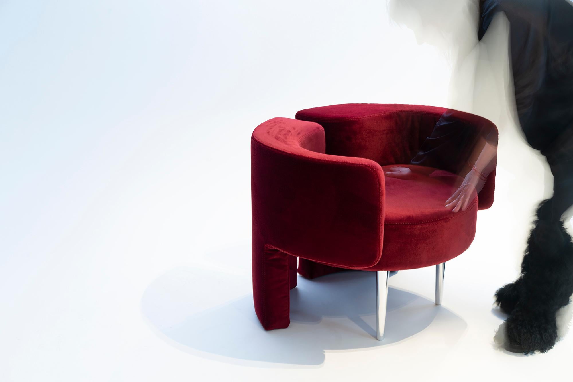 European MR Armchair, 21st Century Contemporary Red Velvet and Solid Aluminum Armchair For Sale