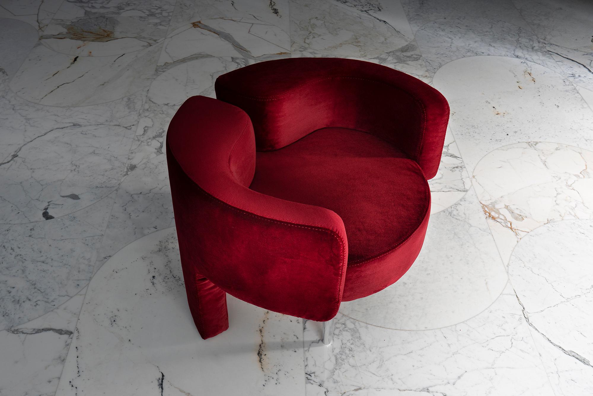 MR Armchair, 21st Century Contemporary Red Velvet and Solid Aluminum Armchair In New Condition For Sale In Sofia, BG