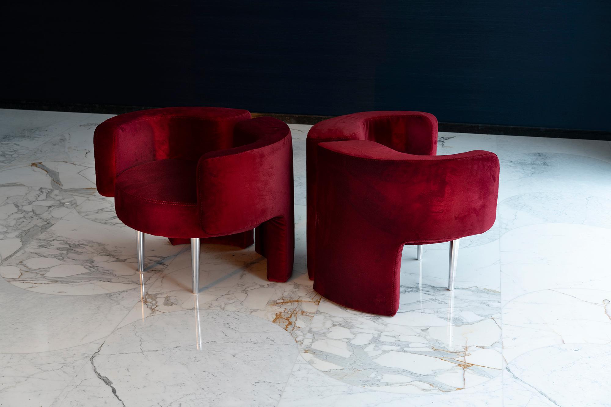 MR Armchair, 21st Century Contemporary Red Velvet and Solid Aluminum Armchair For Sale 1