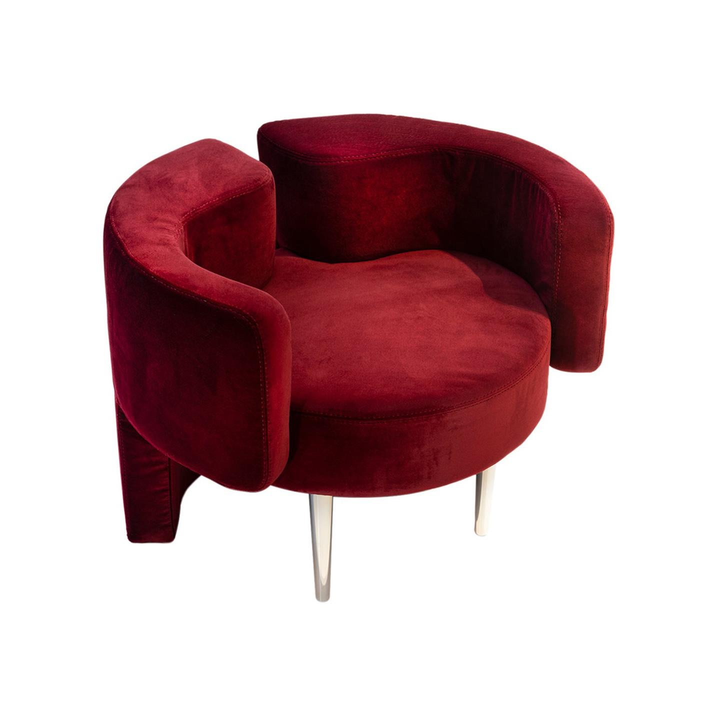 Fauteuil MR, fauteuil contemporain du 21e siècle en velours rouge et aluminium massif