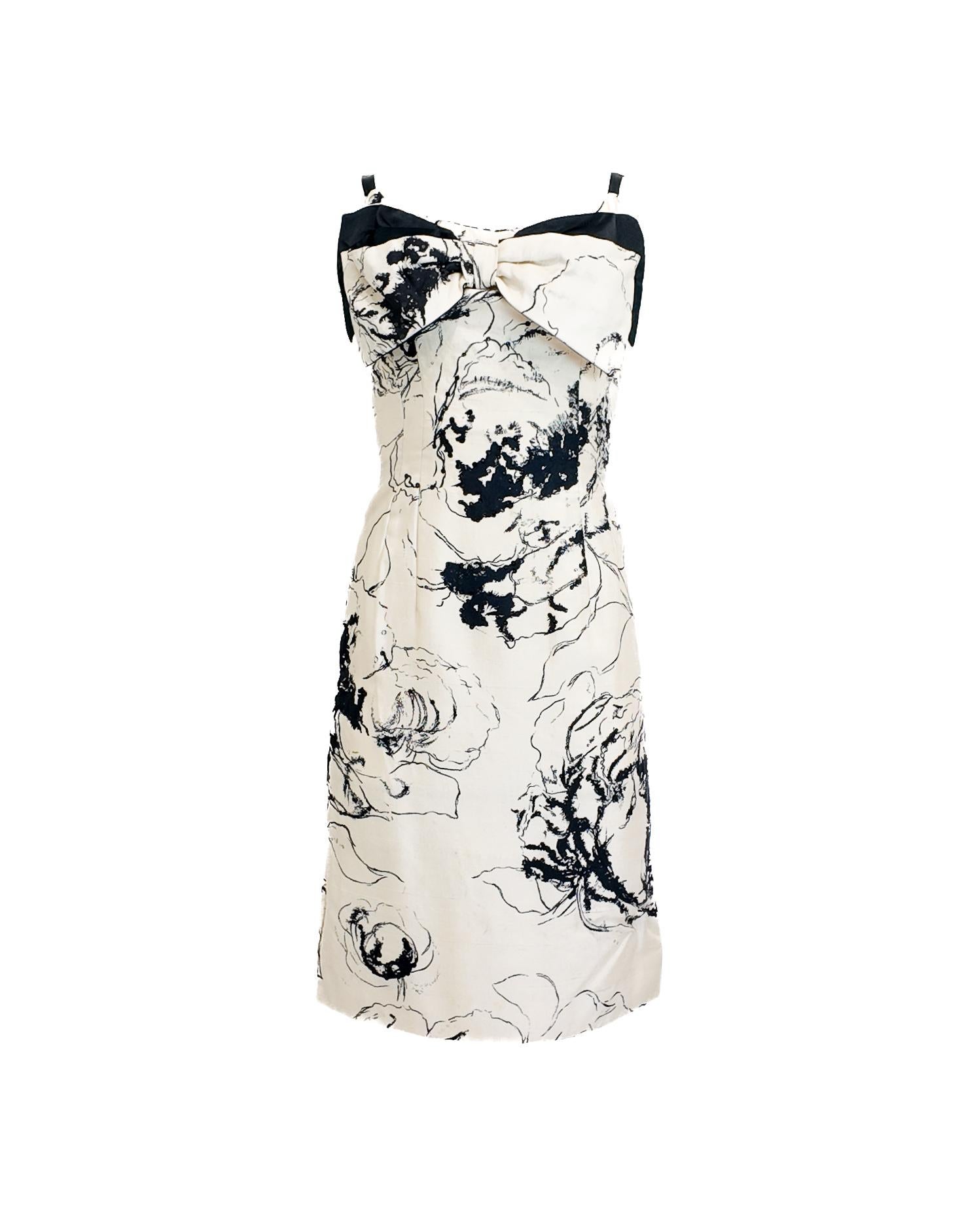 Beige Mr. Blackwell - Robe de cocktail à nœud imprimé noir et blanc en vente