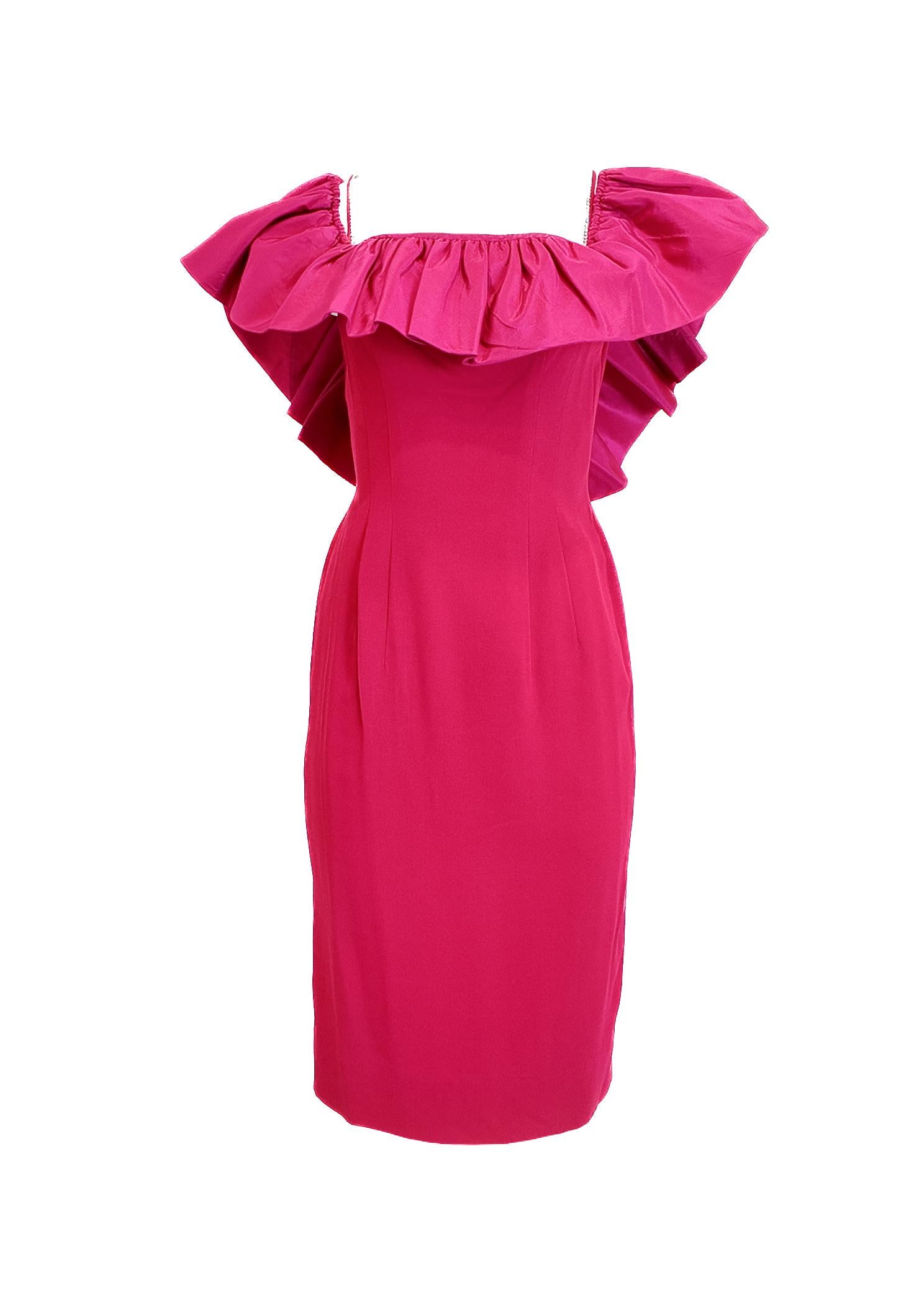 Mr. Blackwell Fuchsia 1960's Midi Taft Kleid mit gerafftem Kragen im Zustand „Gut“ im Angebot in Los Angeles, CA