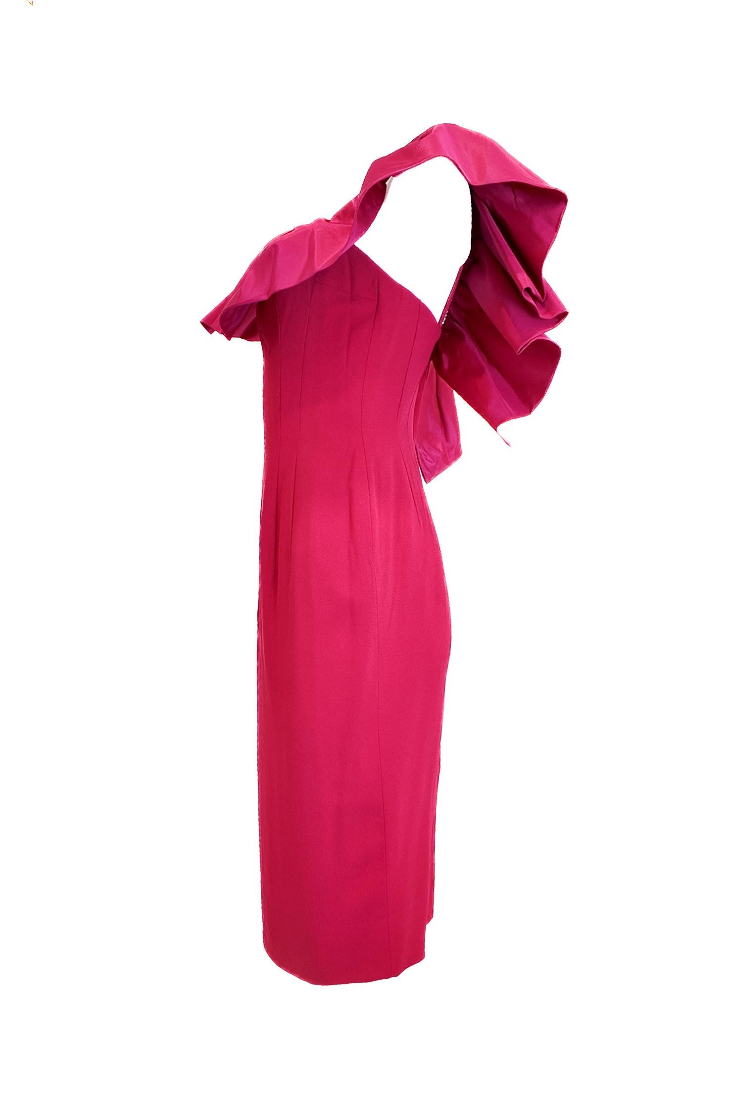 Mr. Blackwell Fuchsia 1960's Midi Taft Kleid mit gerafftem Kragen im Angebot 1
