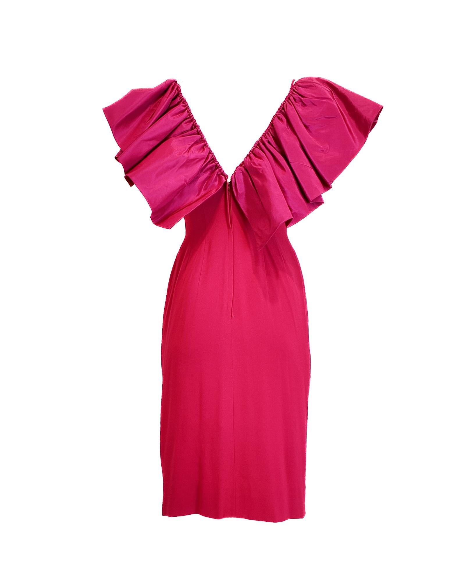 Mr. Blackwell Fuchsia 1960's Midi Taft Kleid mit gerafftem Kragen im Angebot 2