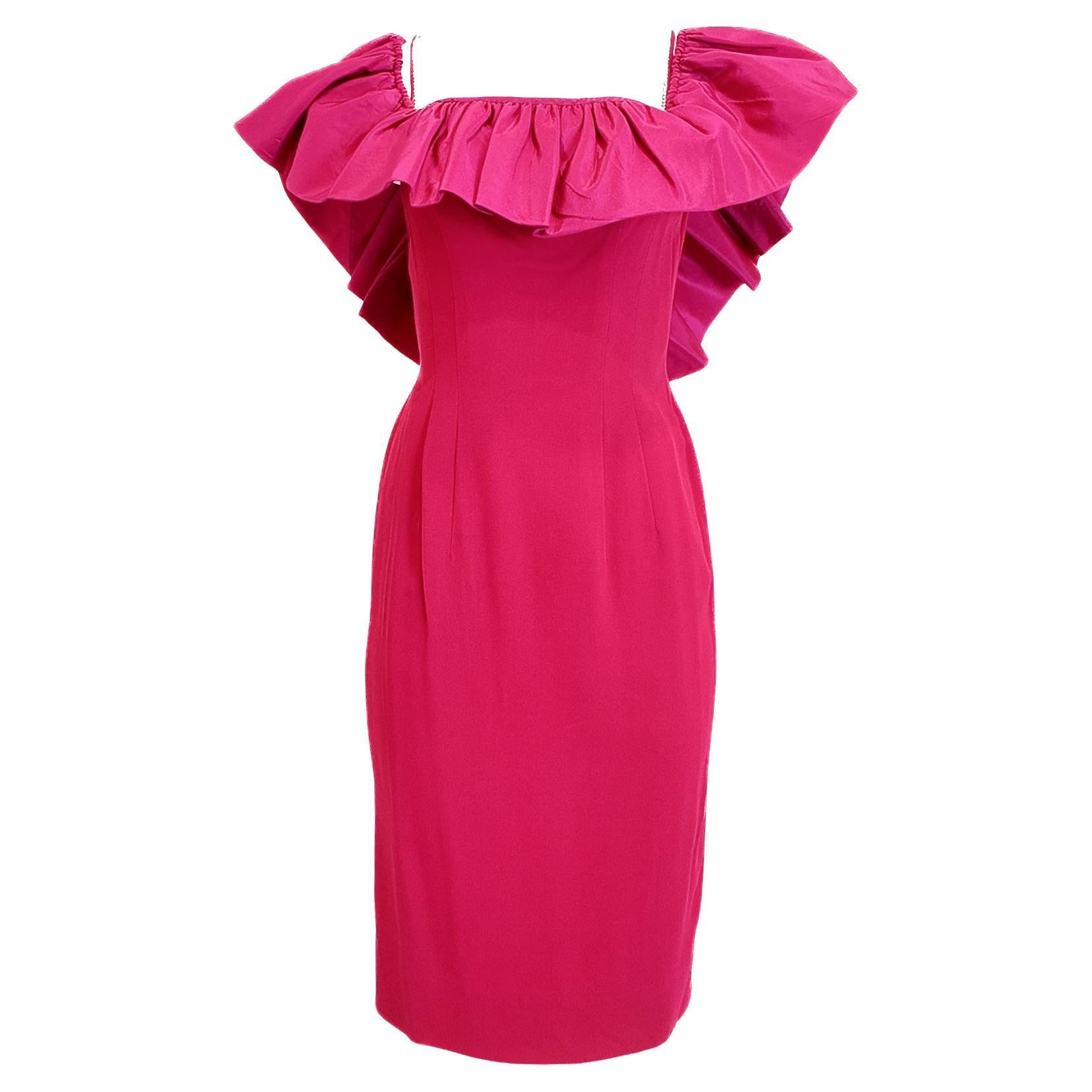 Mr. Blackwell Fuchsia 1960
s Midi Taft Kleid mit gerafftem Kragen im Angebot