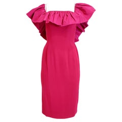 Retro Mr. Blackwell Fuchsia 1960's Midi Taffeta Ruffled Collar Dress